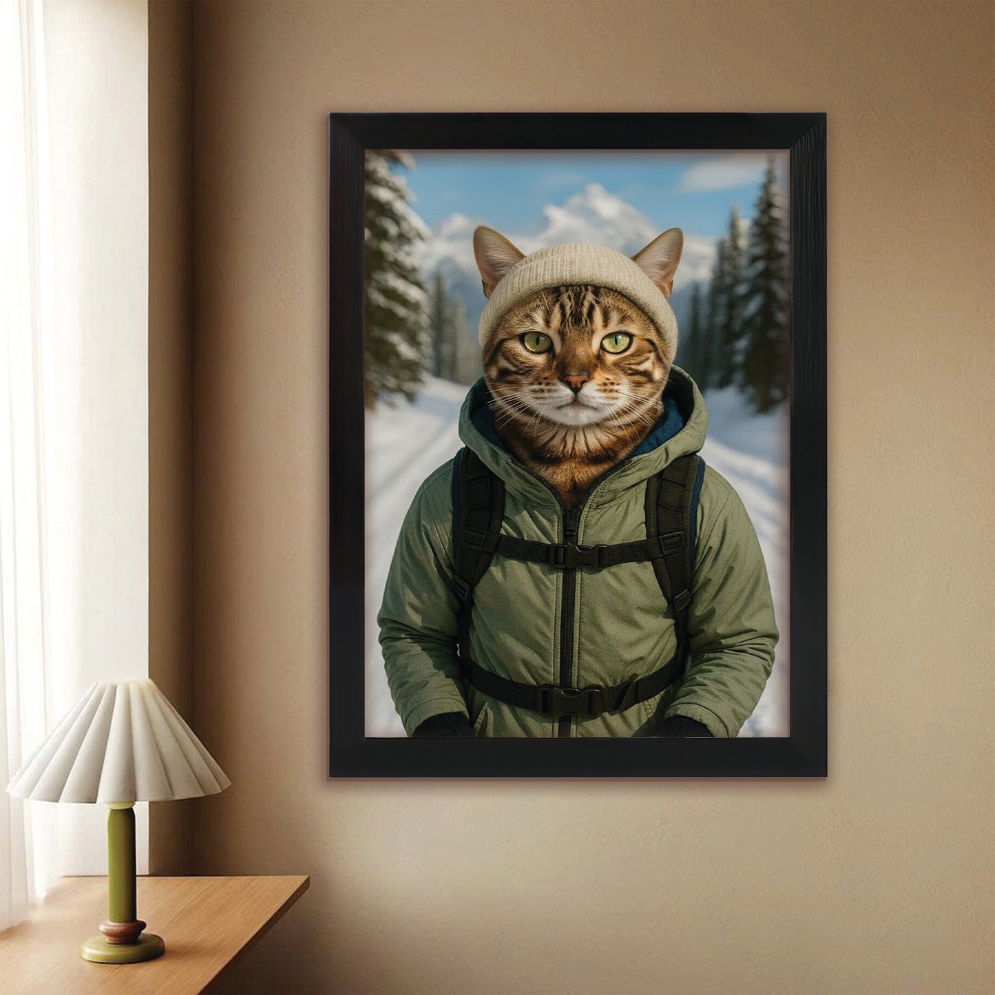 Custom Photo Winter Hiker Cat Canvas Framed Wall Art Gift For Cat Lovers
