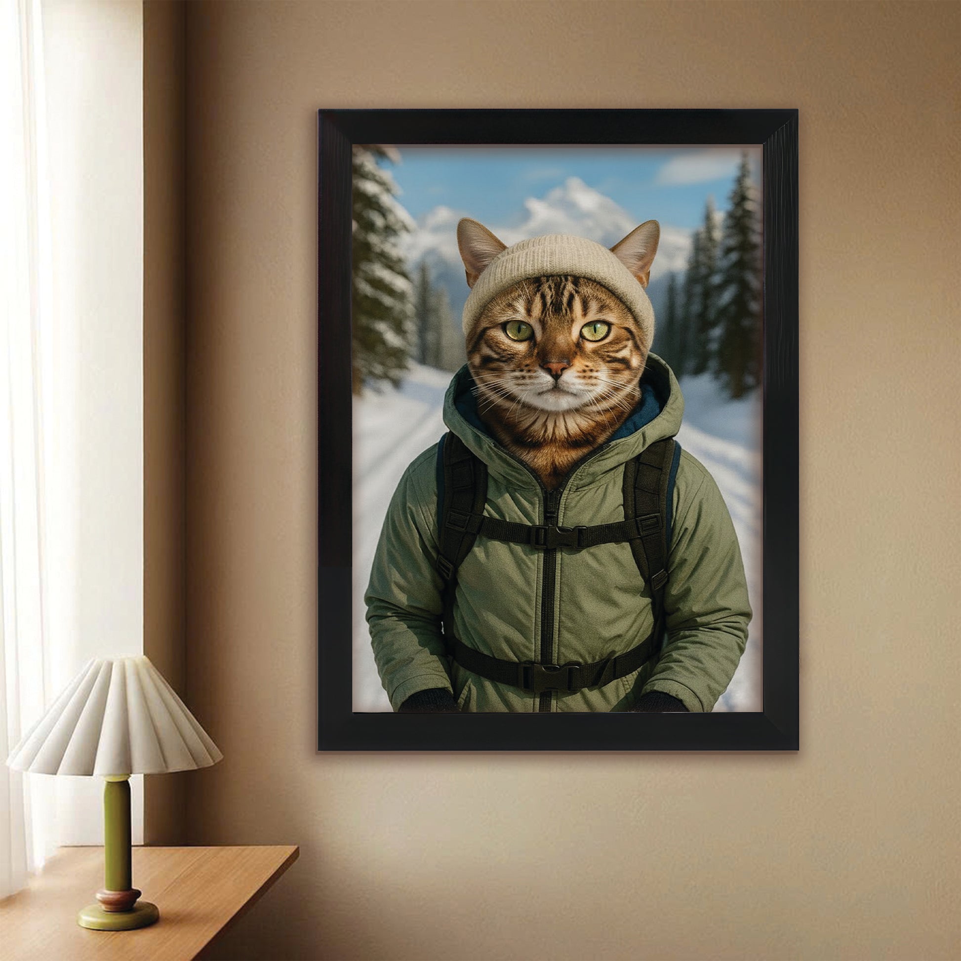 Custom Photo Winter Hiker Cat Canvas Framed Wall Art Gift For Cat Lovers