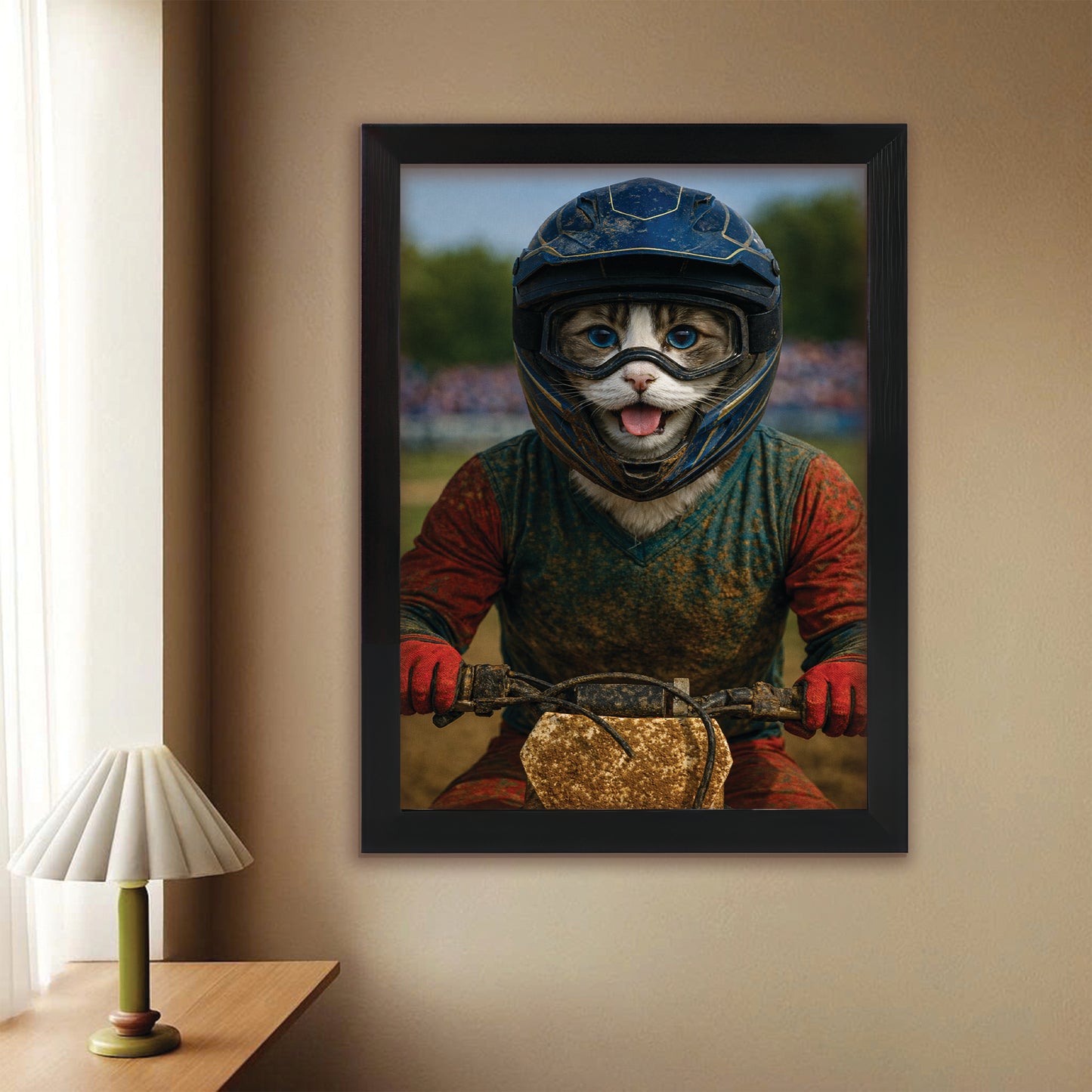 Custom Photo Dirt Bike Cat Canvas Framed Wall Art  Gift For Cat Lovers