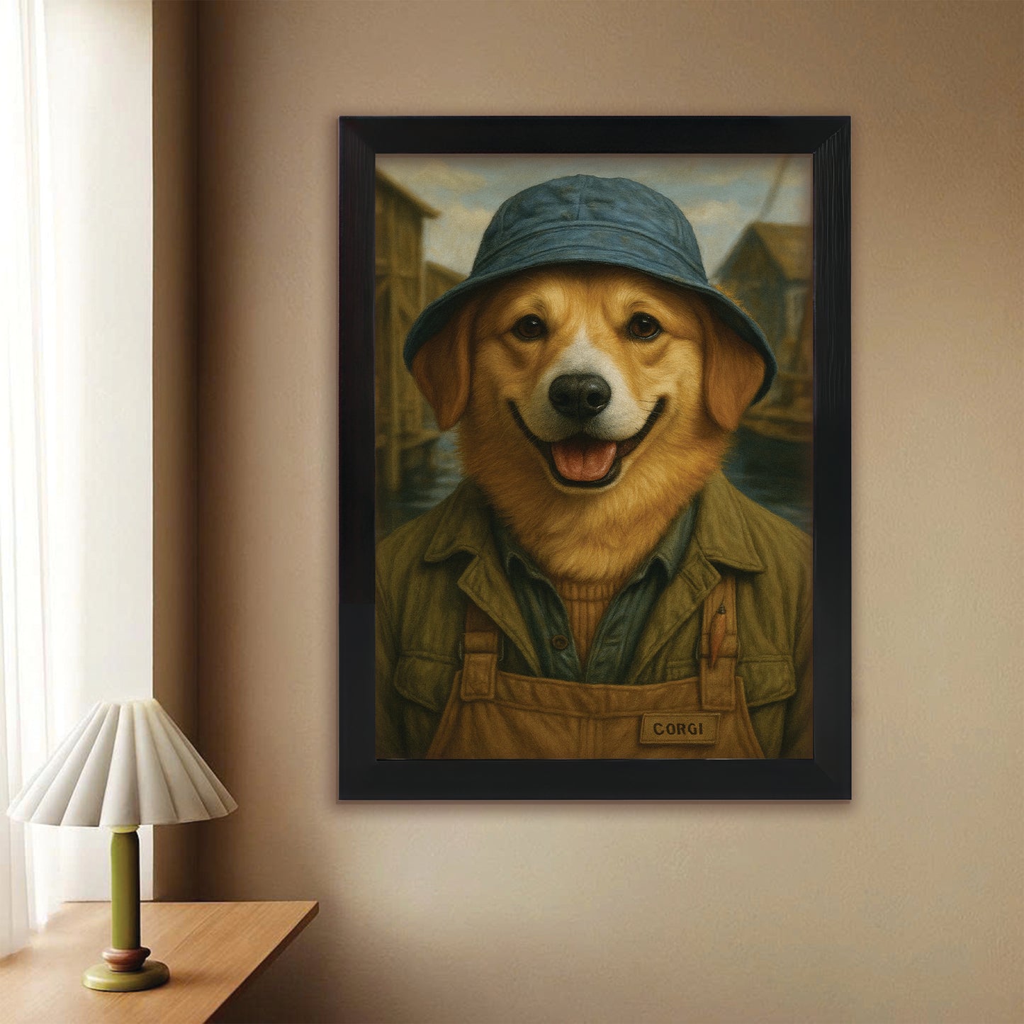Custom Photo Fisherman Dog Canvas Framed Wall Art Gift For Dog Lovers