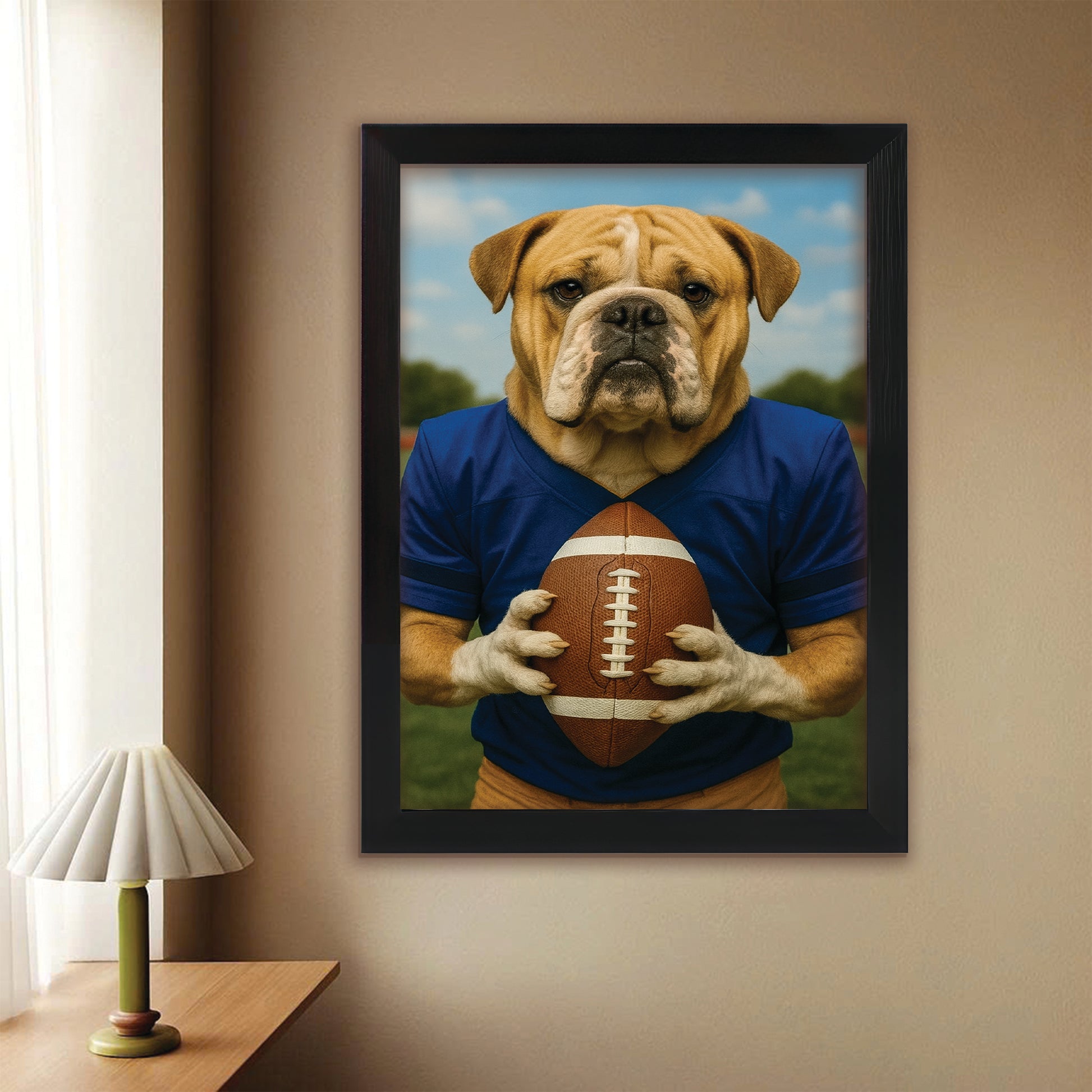 Custom Photo Football Player Dog Canvas Framed Wall Art Gift For Dog Lovers