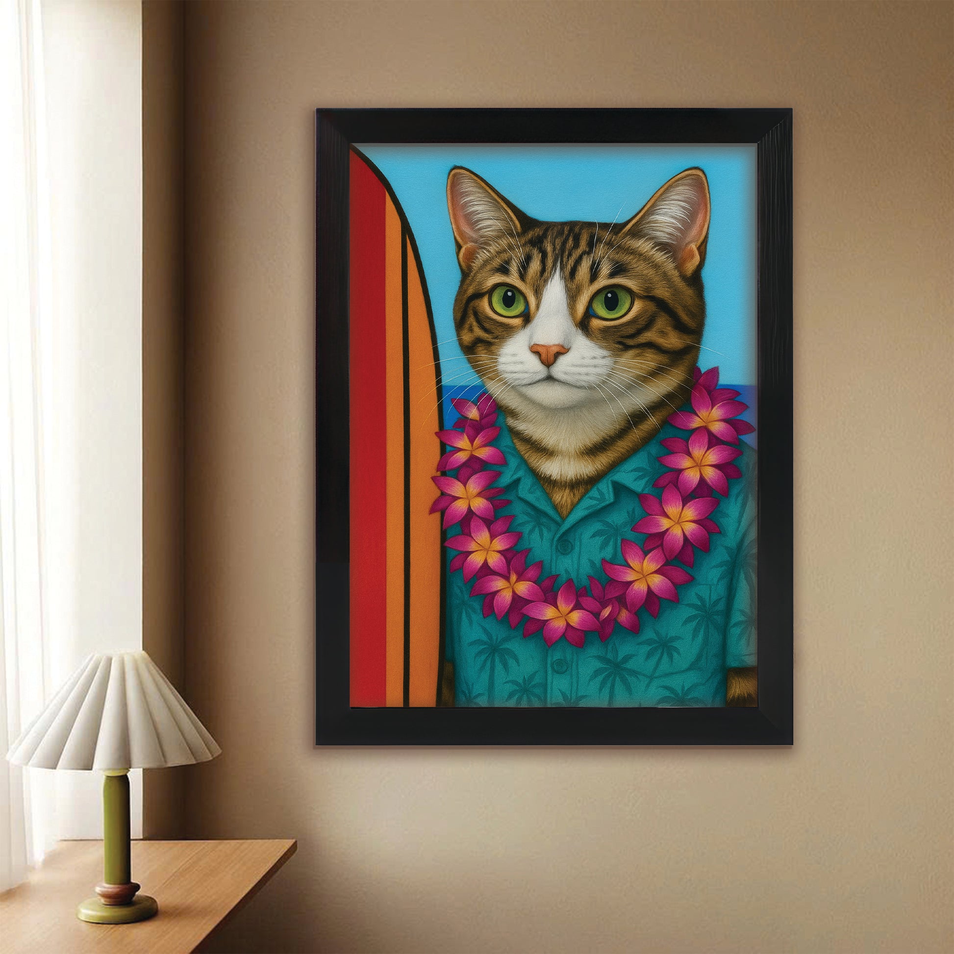 Custom Photo Surfer Cat Canvas Framed Wall Art Gift For Cat Lovers