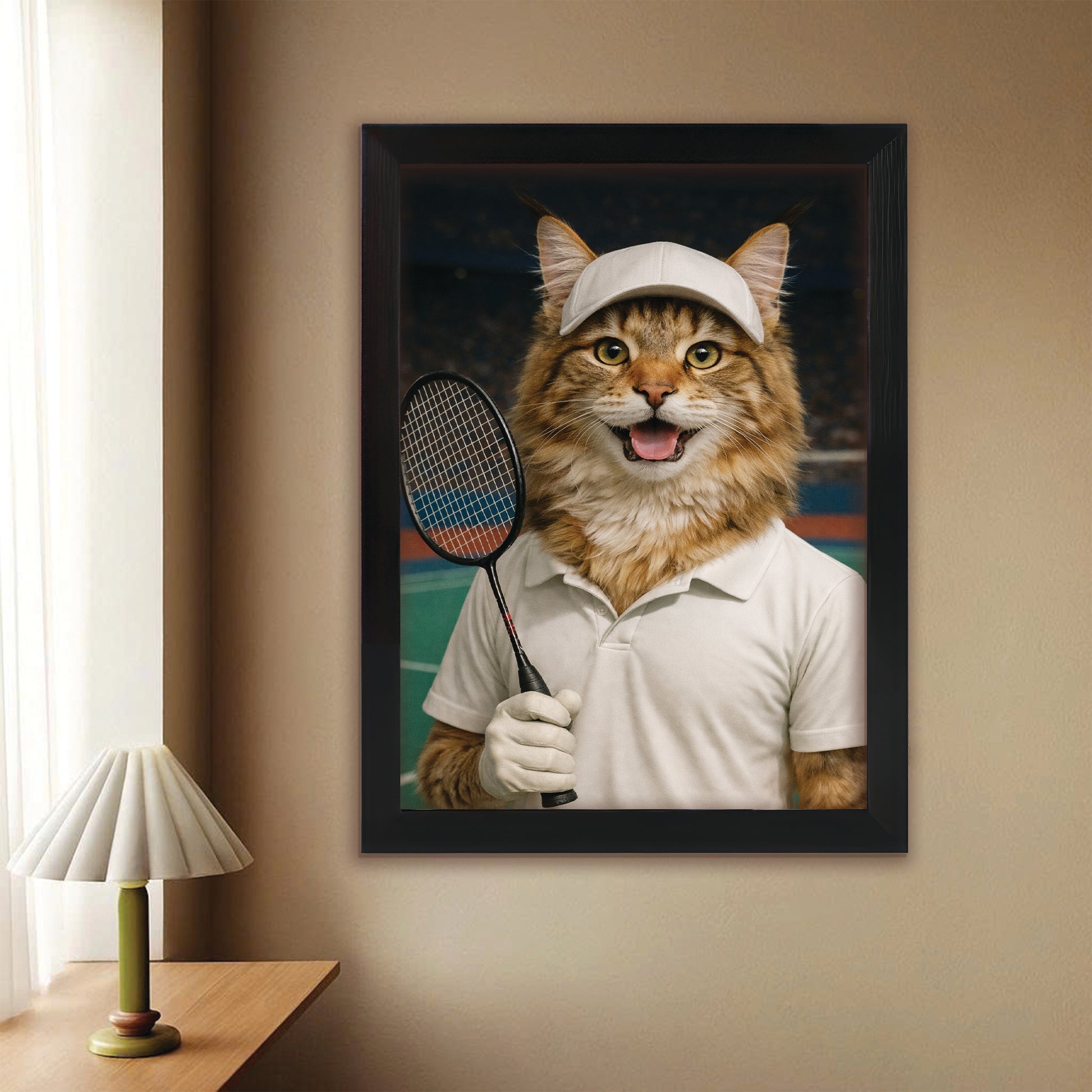 Custom Photo Badminton Cat Canvas Framed Wall Art Gift For Cat Lovers