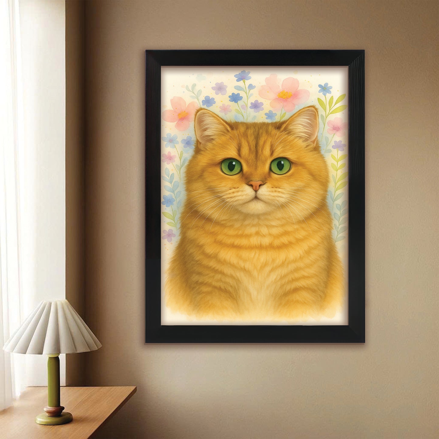 Custom Photo Cat Floral Watercolor Art Canvas Framed Wall Art