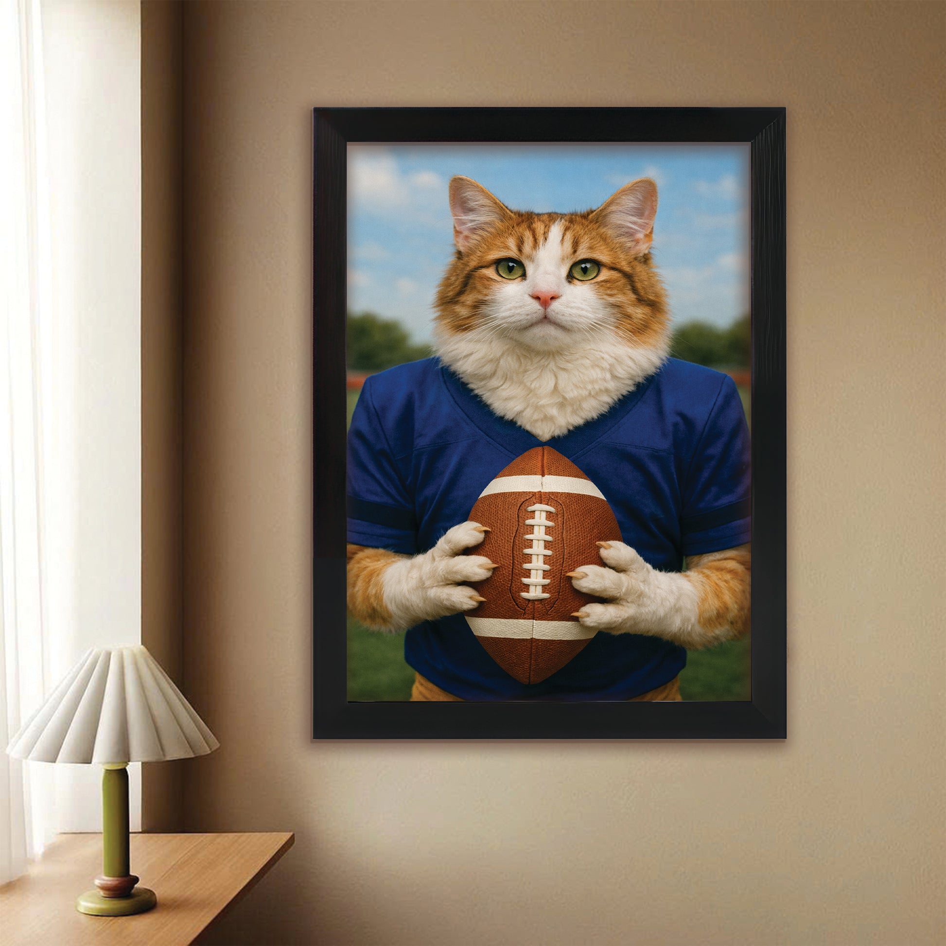 Custom Photo Football Player Cat Canvas Framed Wall Art  Gift For Cat Lovers