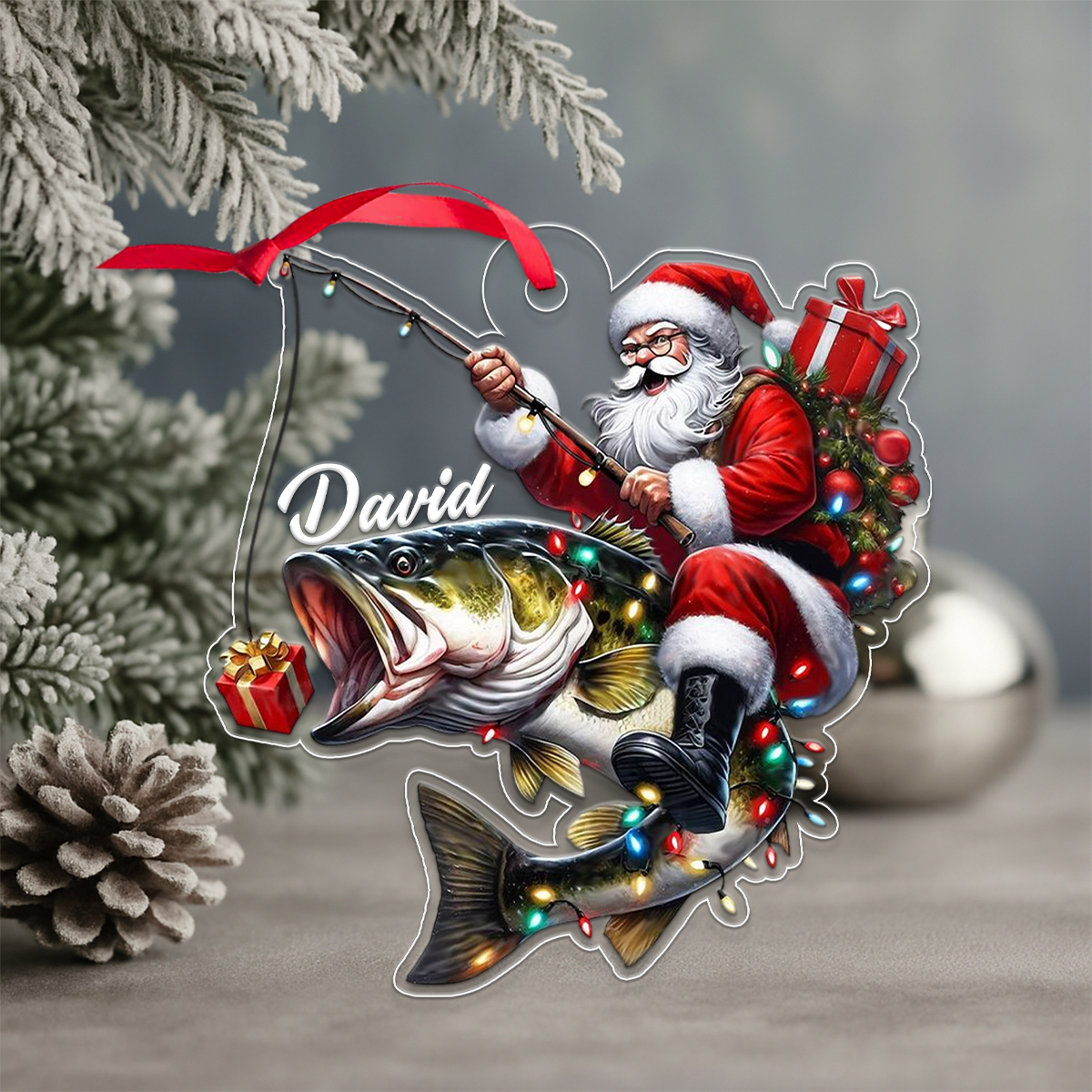 Custom Name Santa Fishing Acrylic Ornament Christmas Gift