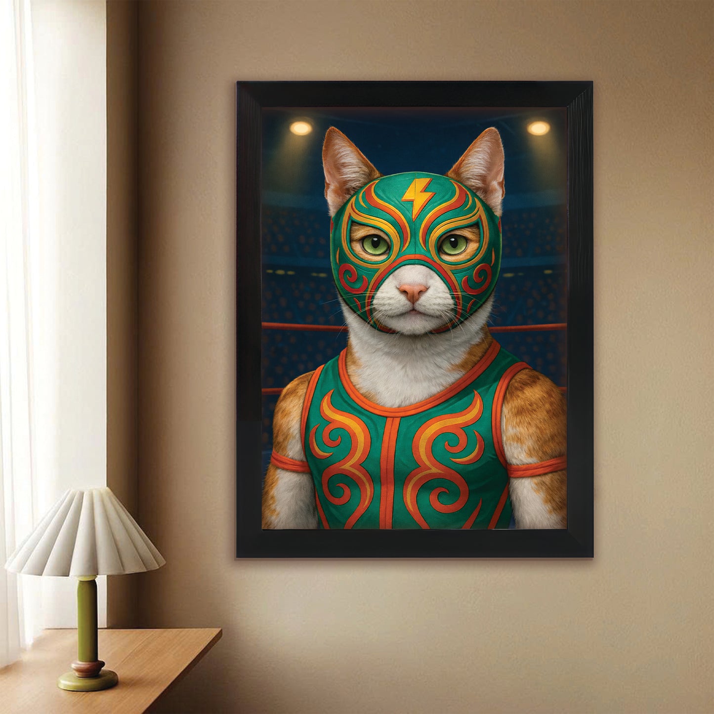 Custom Photo Lucha Libre Wrestler Mask Cat Canvas Framed Wall Art Gift For Cat Lovers
