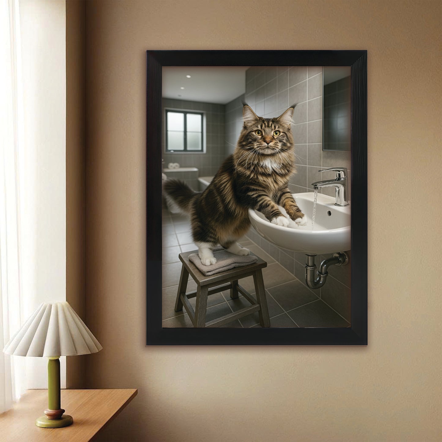 Custom Photo Cat In Bathroom Style 1 Canvas Framed Wall Art Gift For Cat Lovers
