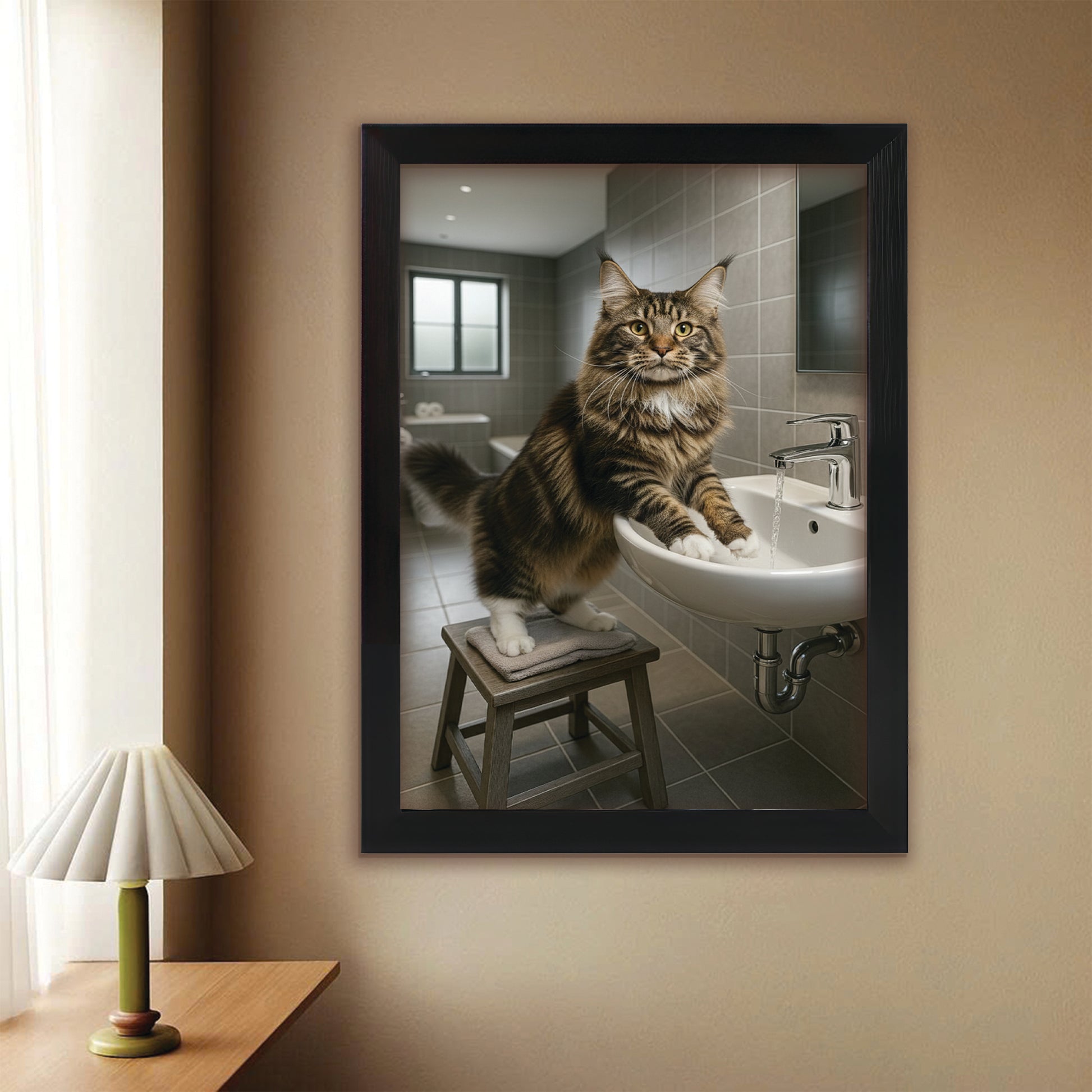 Custom Photo Cat In Bathroom Style 1 Canvas Framed Wall Art Gift For Cat Lovers