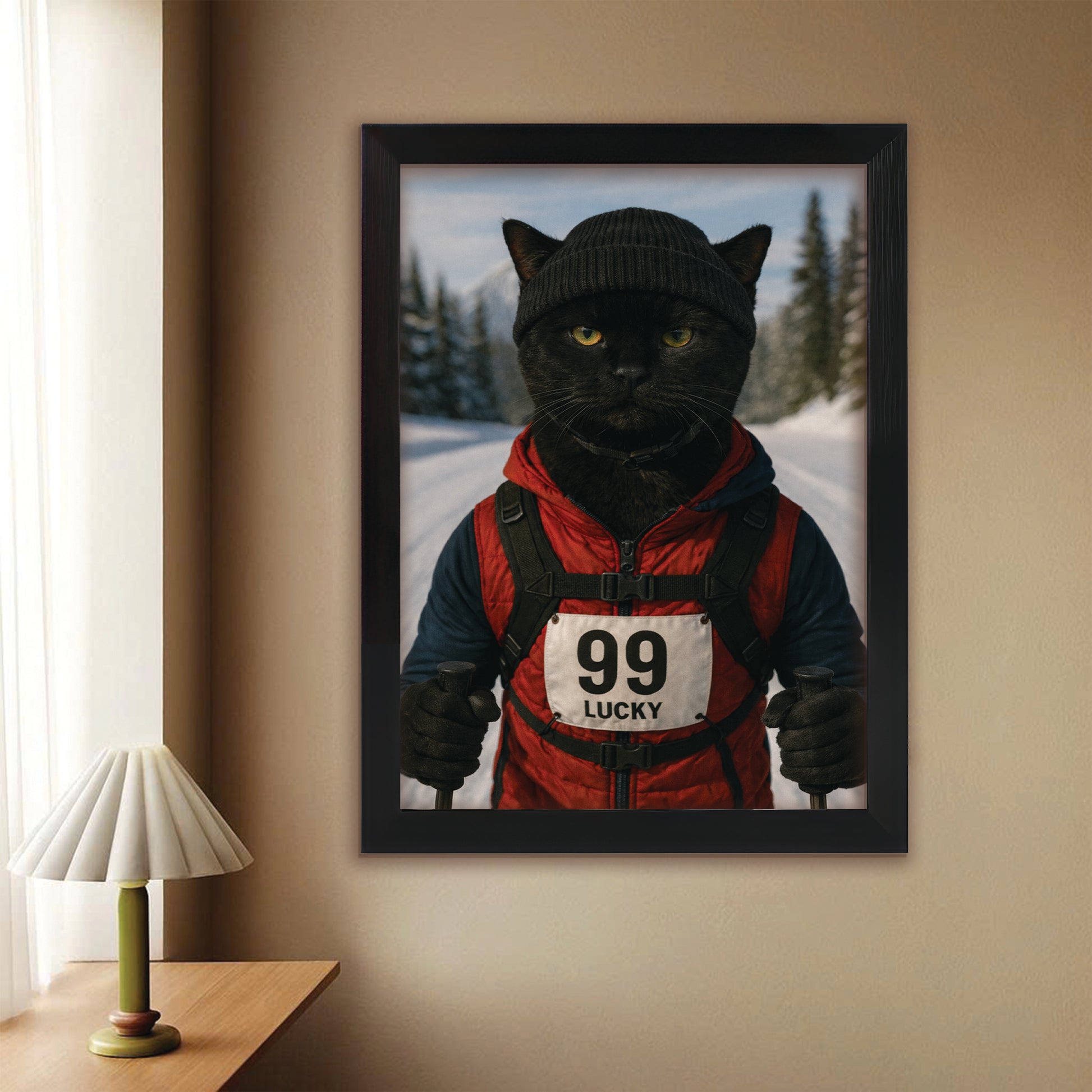 Custom Photo Cross Country Ski Cat Canvas Framed Wall Art Gift For Cat Lovers