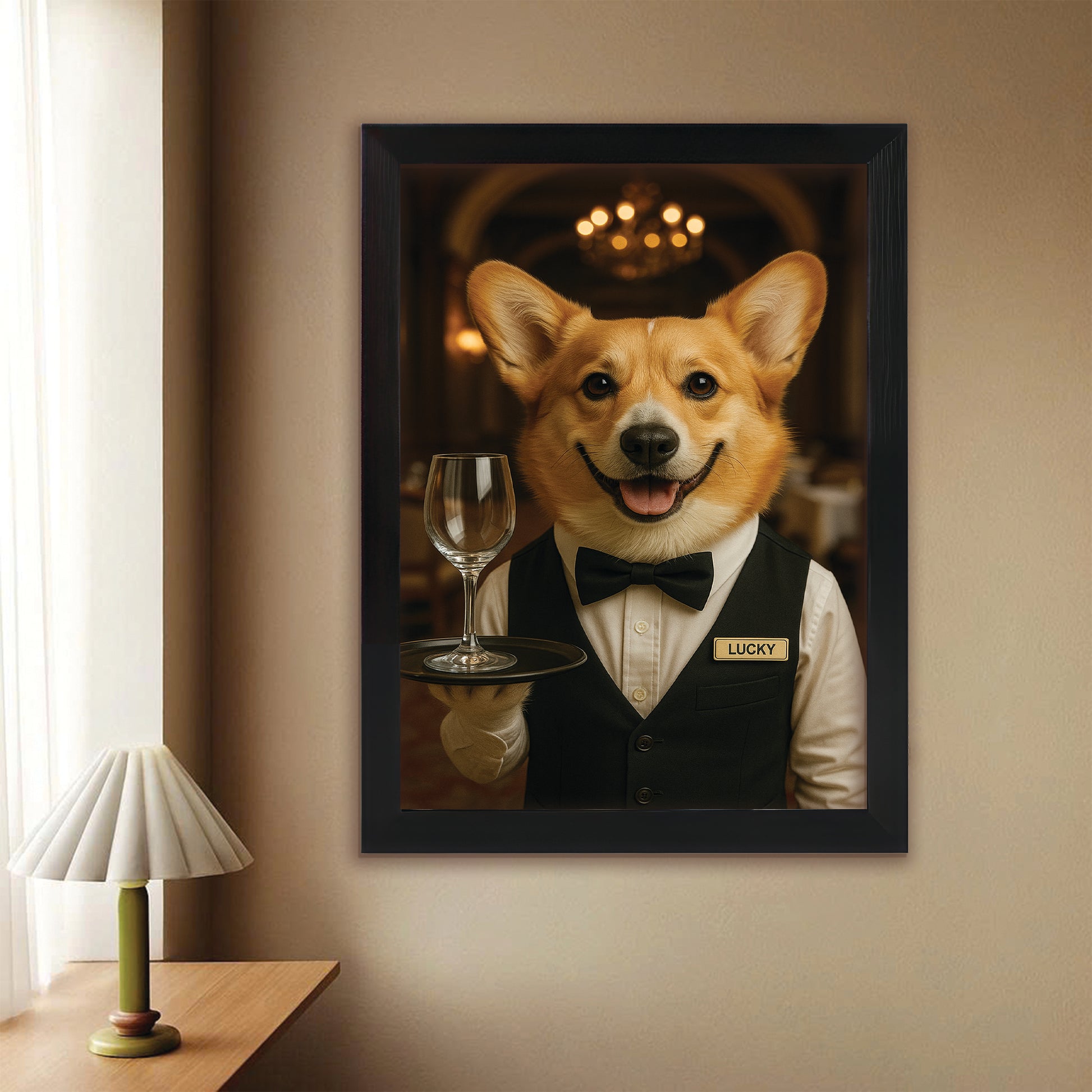 Custom Photo Dog Waiter Restaurant Canvas Framed Wall Art Gift For Dog Lovers