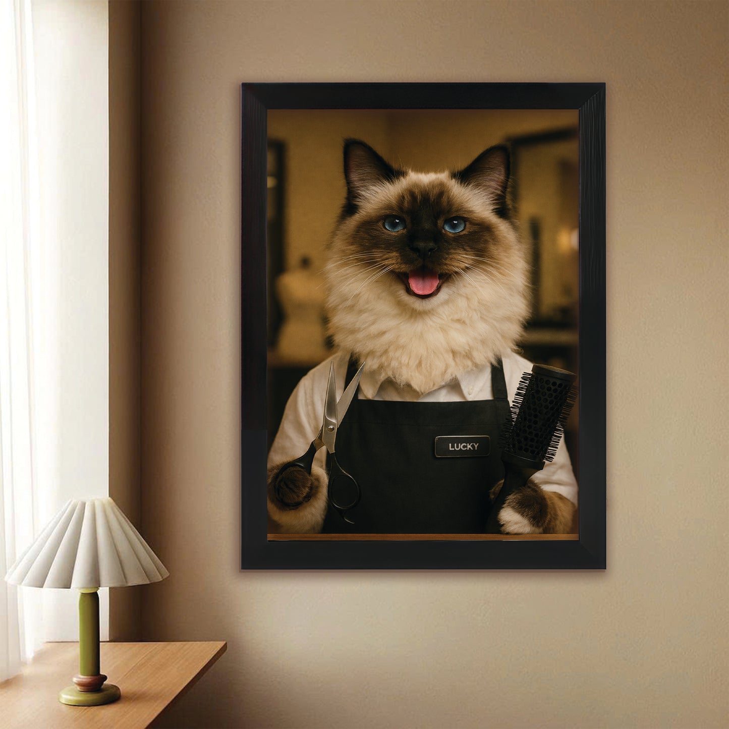 Custom Photo Hair Stylist Cat Canvas Framed Wall Art  Gift For Cat Lovers
