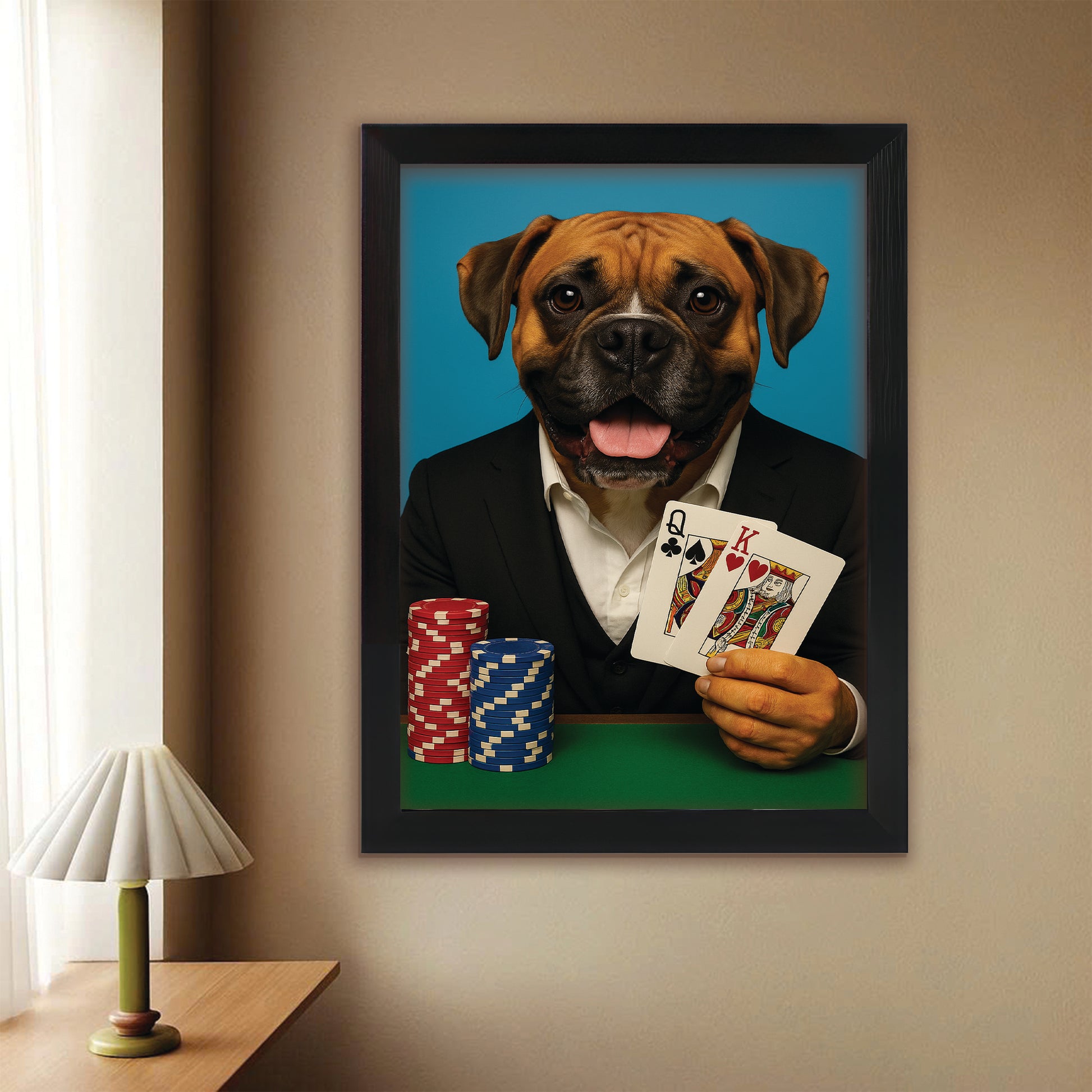 Custom Photo Poker Player Dog Canvas Framed Wall Art Gift For Dog Lovers