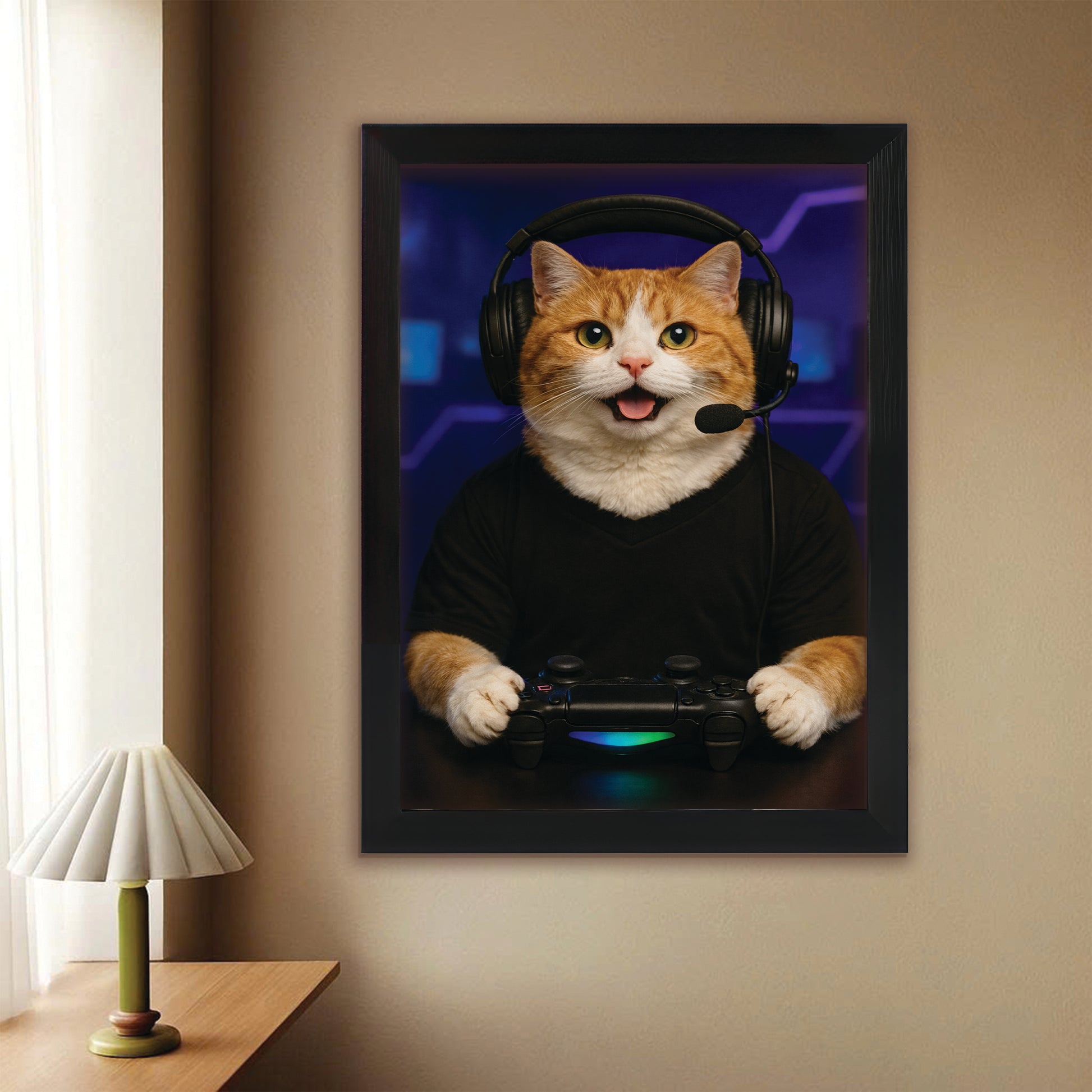 Custom Photo Gamer Cat Canvas Framed Wall Art  Gift For Cat Lovers