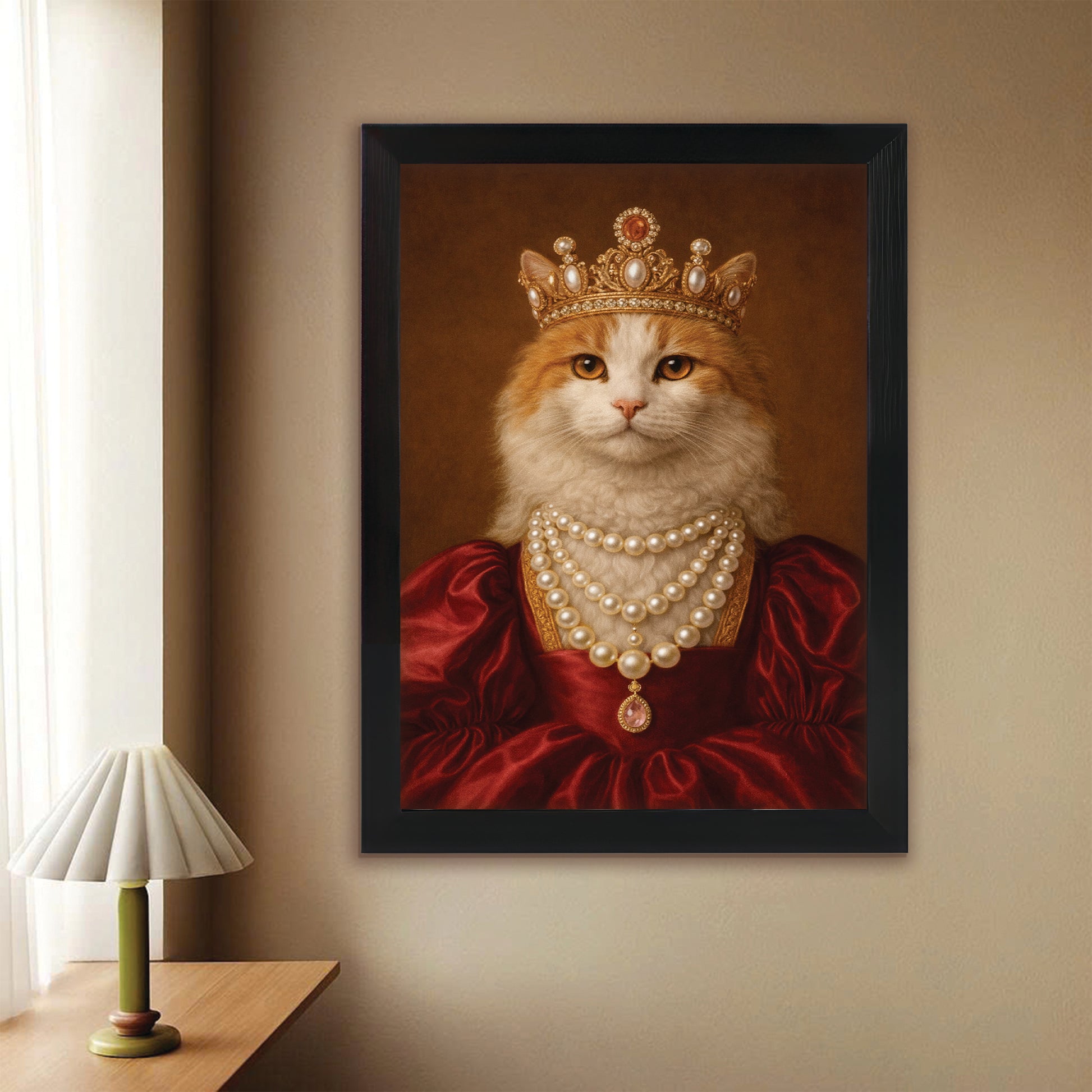 Custom Photo Queen Cat With Crown Canvas Framed Wall Art Gift For Cat Lovers