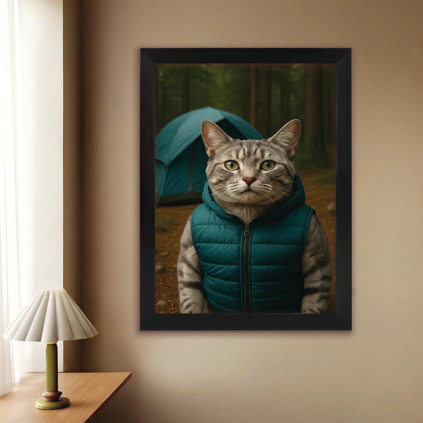 Custom Photo Cat Camping Canvas Framed Wall Art  Gift For Cat Lovers