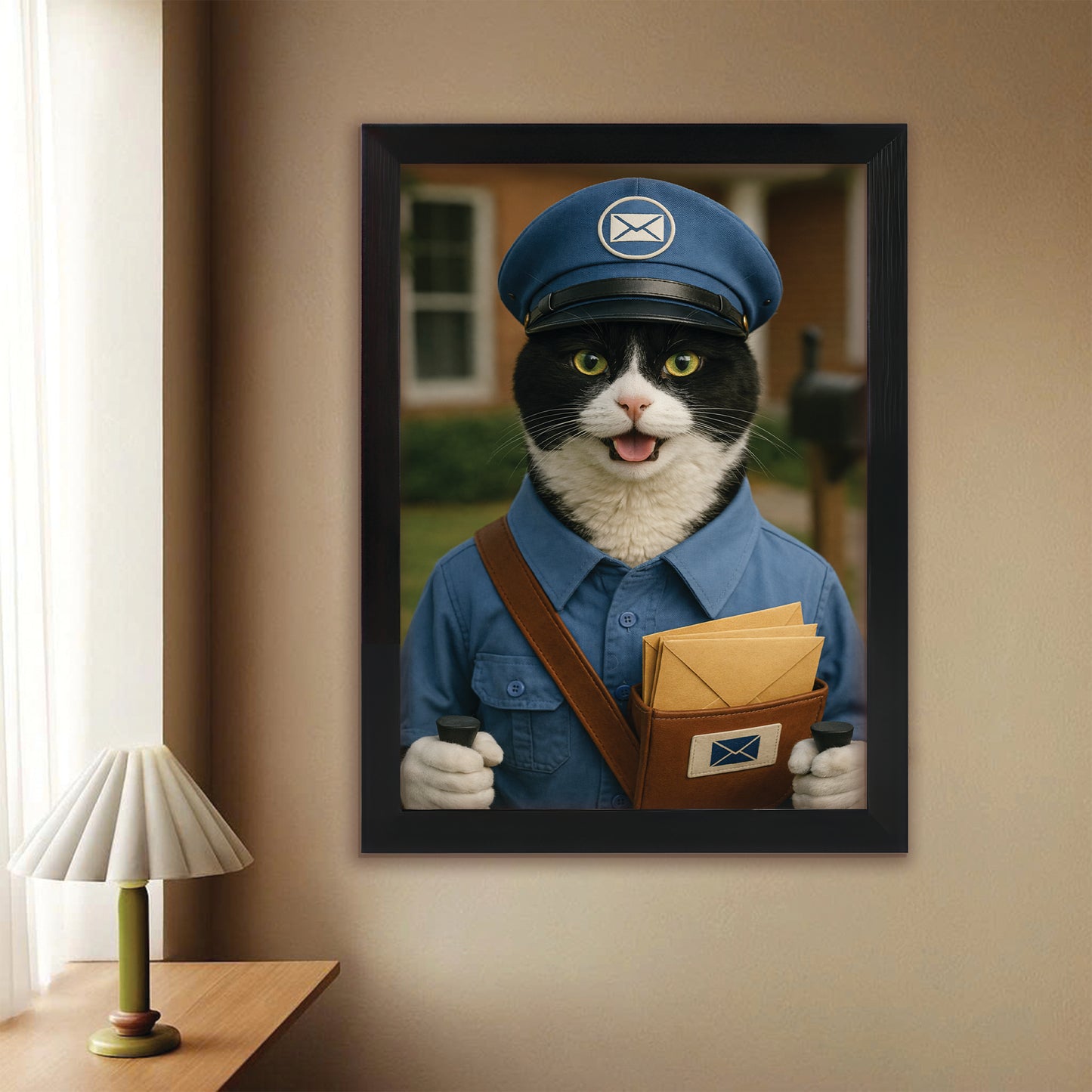 Custom Photo Mail Carrier Cat Canvas Framed Wall Art Gift For Cat Lovers