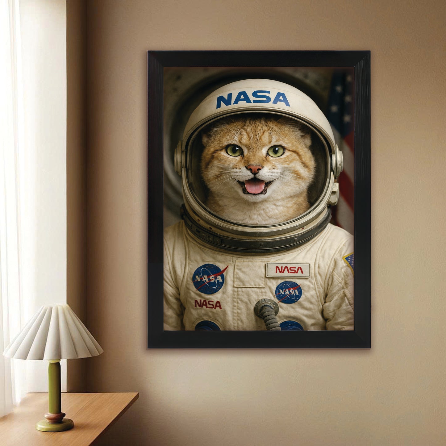 Custom Photo Astronaut Cat Canvas Framed Wall Art Gift For Cat Lovers
