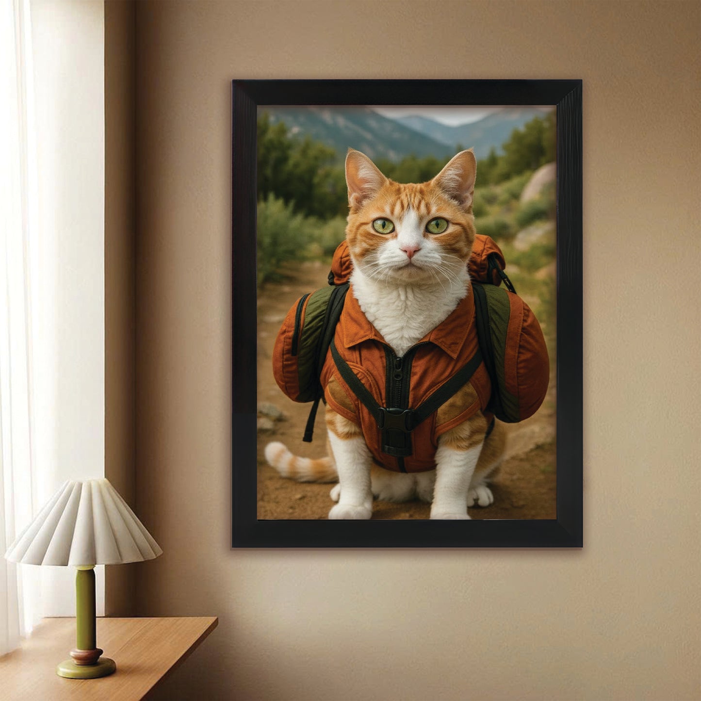 Custom Photo Backpacking Hiking Cat Canvas Framed Wall Art Gift For Cat Lovers
