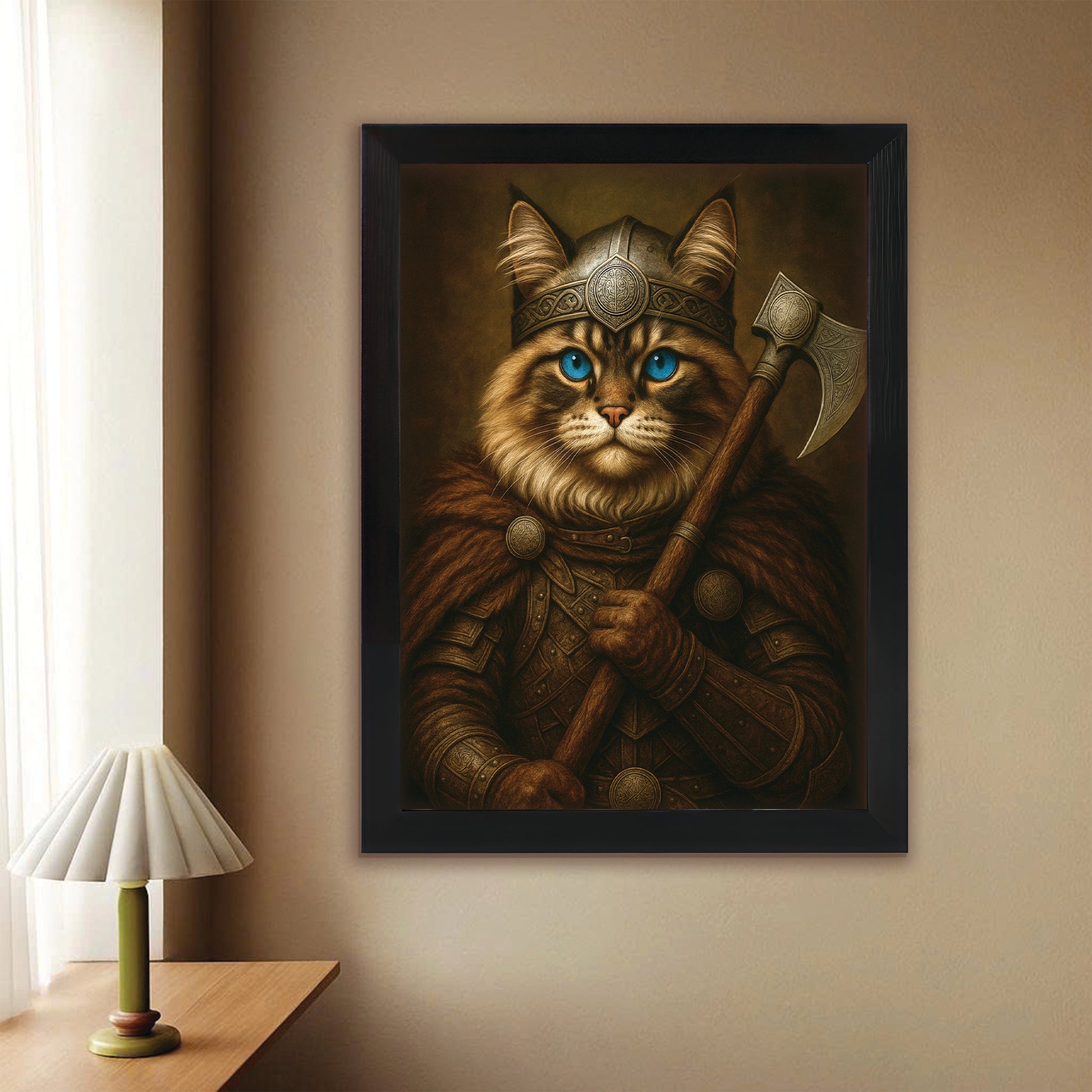 Custom Cat Photo Viking Warrior Canvas Framed Wall Art _ Gift For Cat