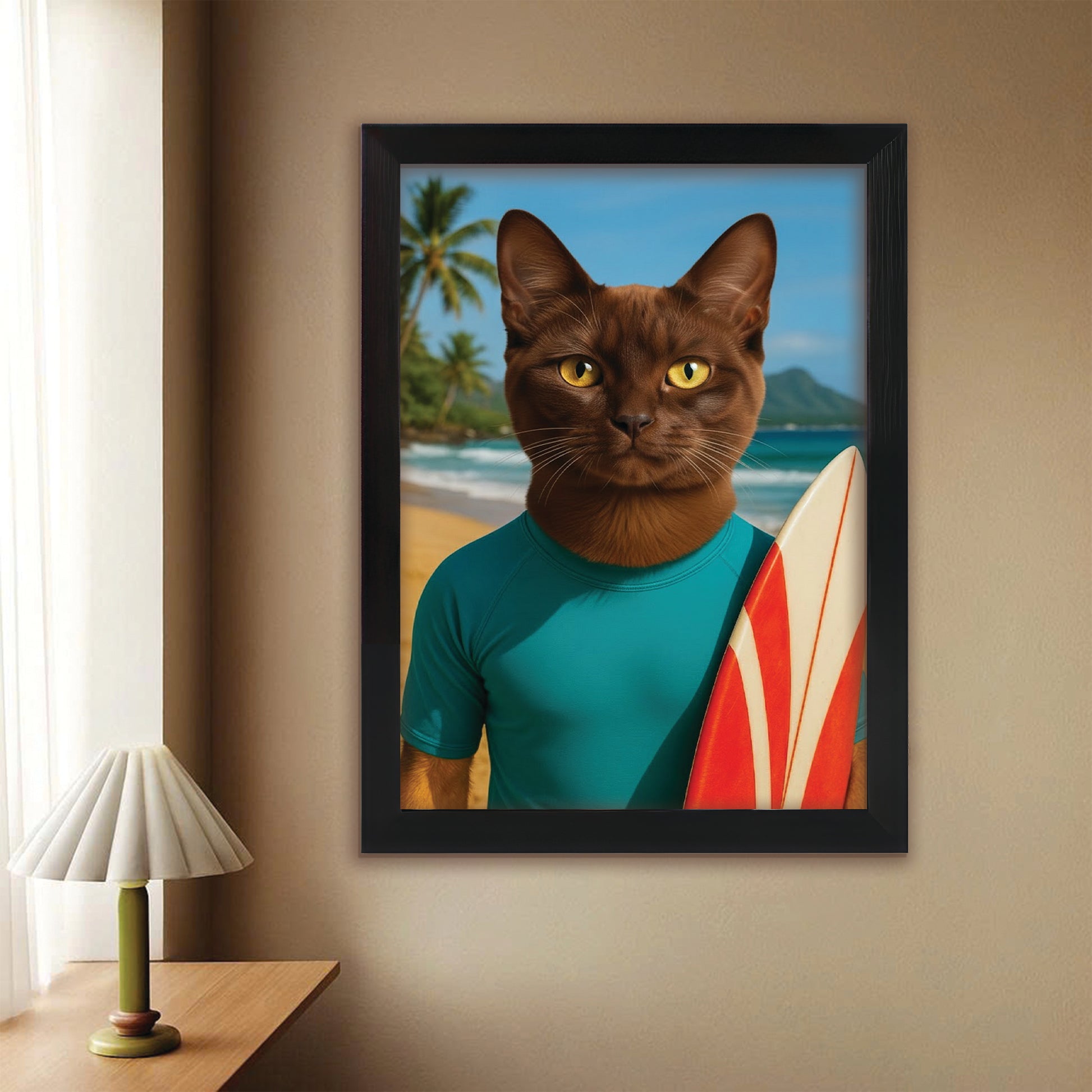 Custom Photo Surfer Beach Cat Canvas Framed Wall Art Gift For Cat Lovers
