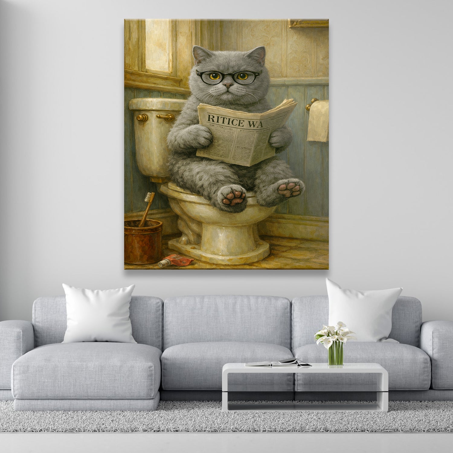 Custom Photo Cat In Bathroom Canvas Gift For Cat Lovers
