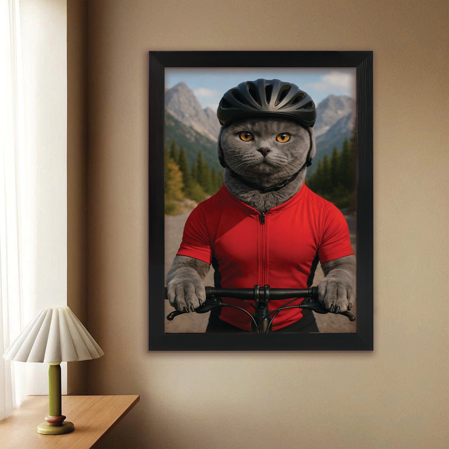 Custom Photo Cyclist Dart Bike Cat Canvas Framed Wall Art Gift For Cat Lovers
