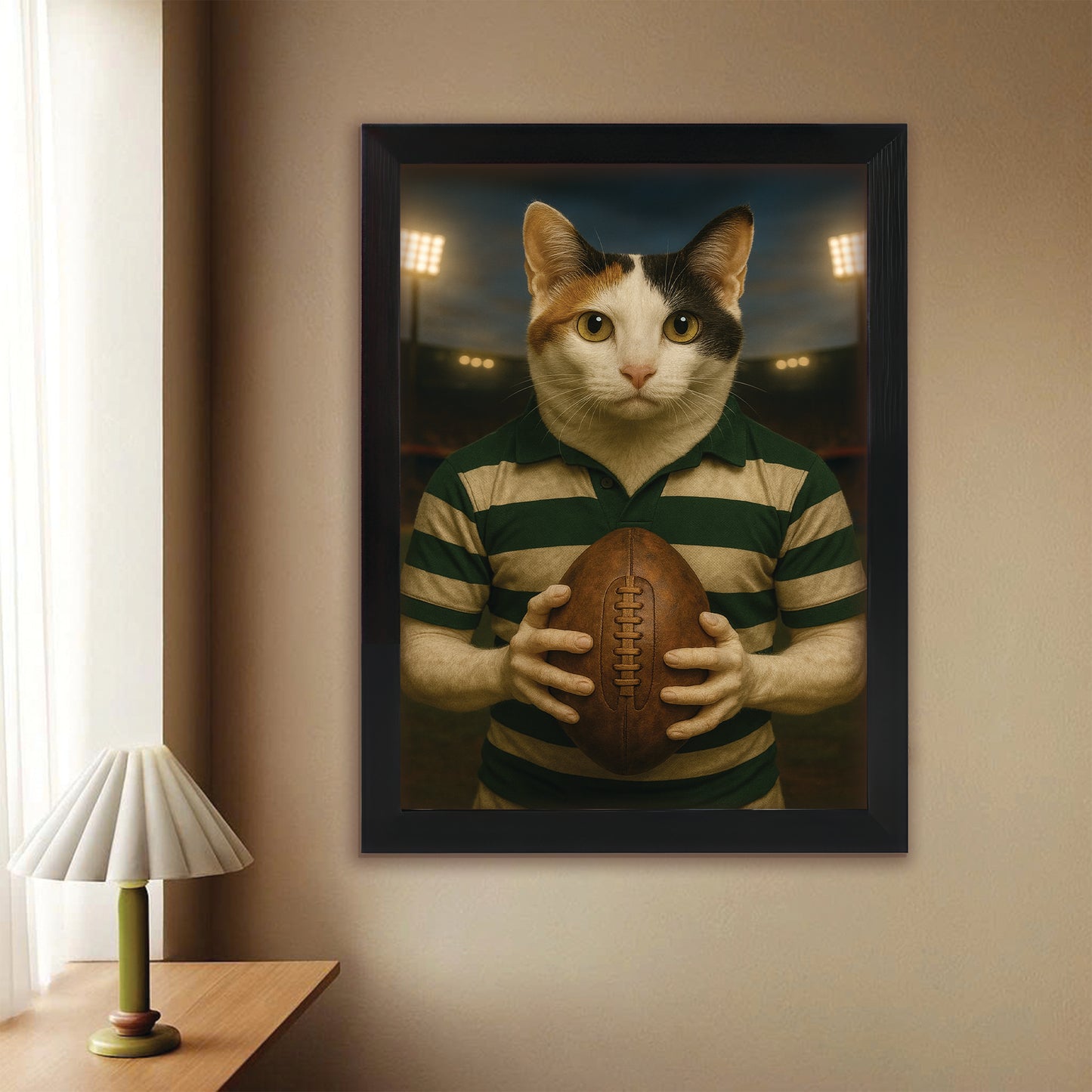 Custom Photo Rugby Player Cat Canvas Framed Wall Art Gift For Cat Lover