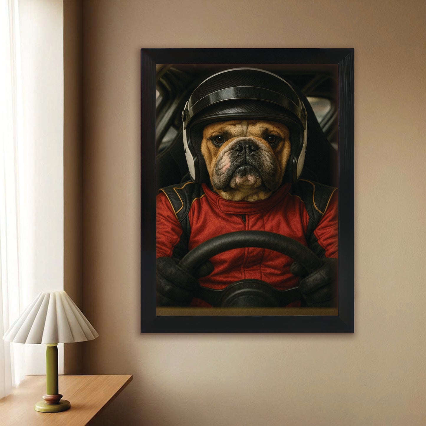 Custom Photo Racing Driver Dog Canvas Framed Wall Art Gift For Dog Lovers