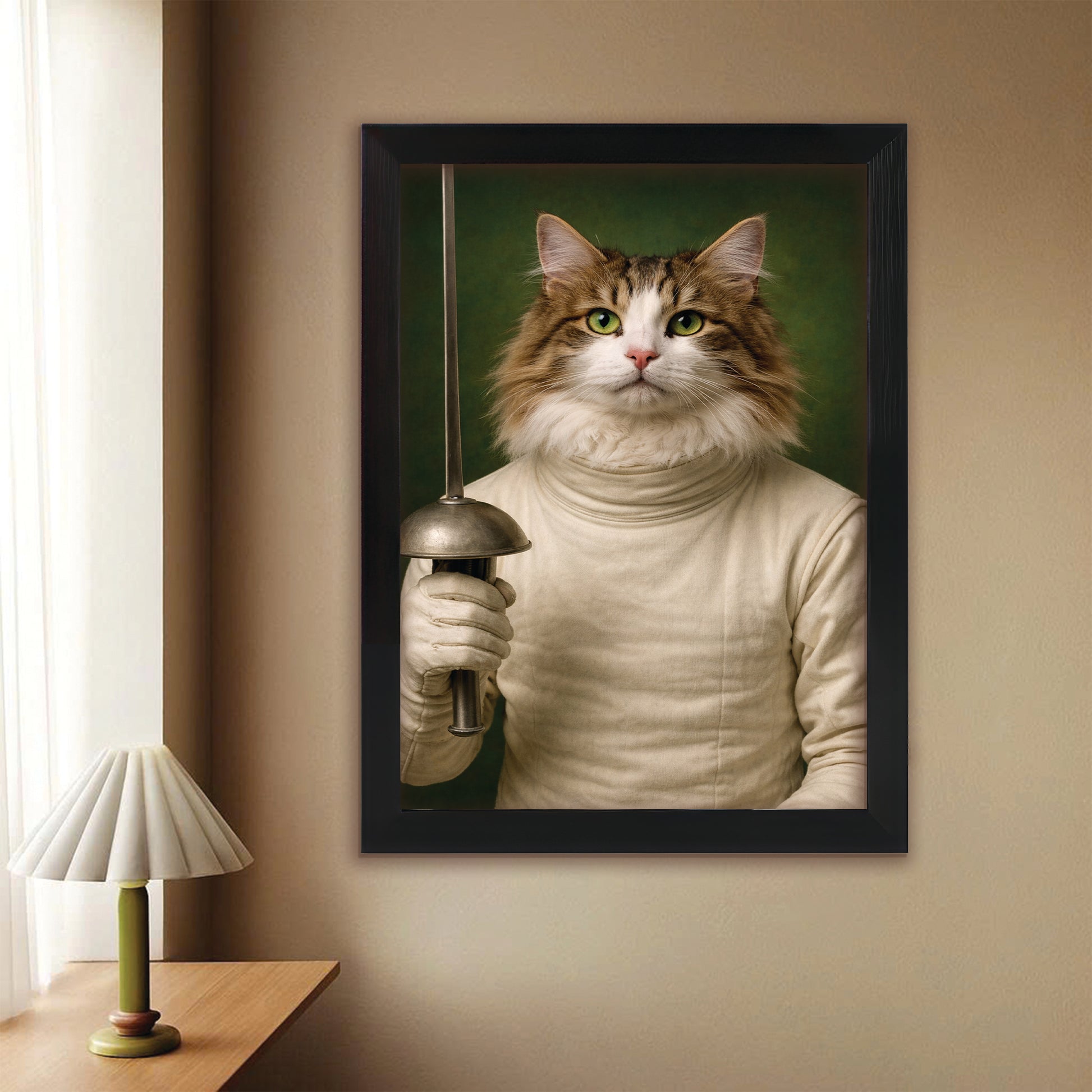 Custom Photo Fencer Cat Canvas Framed Wall Art  Gift For Cat Lovers