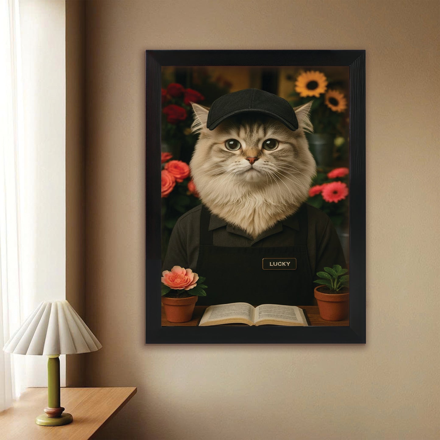 Custom Photo Flower Shop Florist Cat Canvas Framed Wall Art  Gift For Cat Lovers