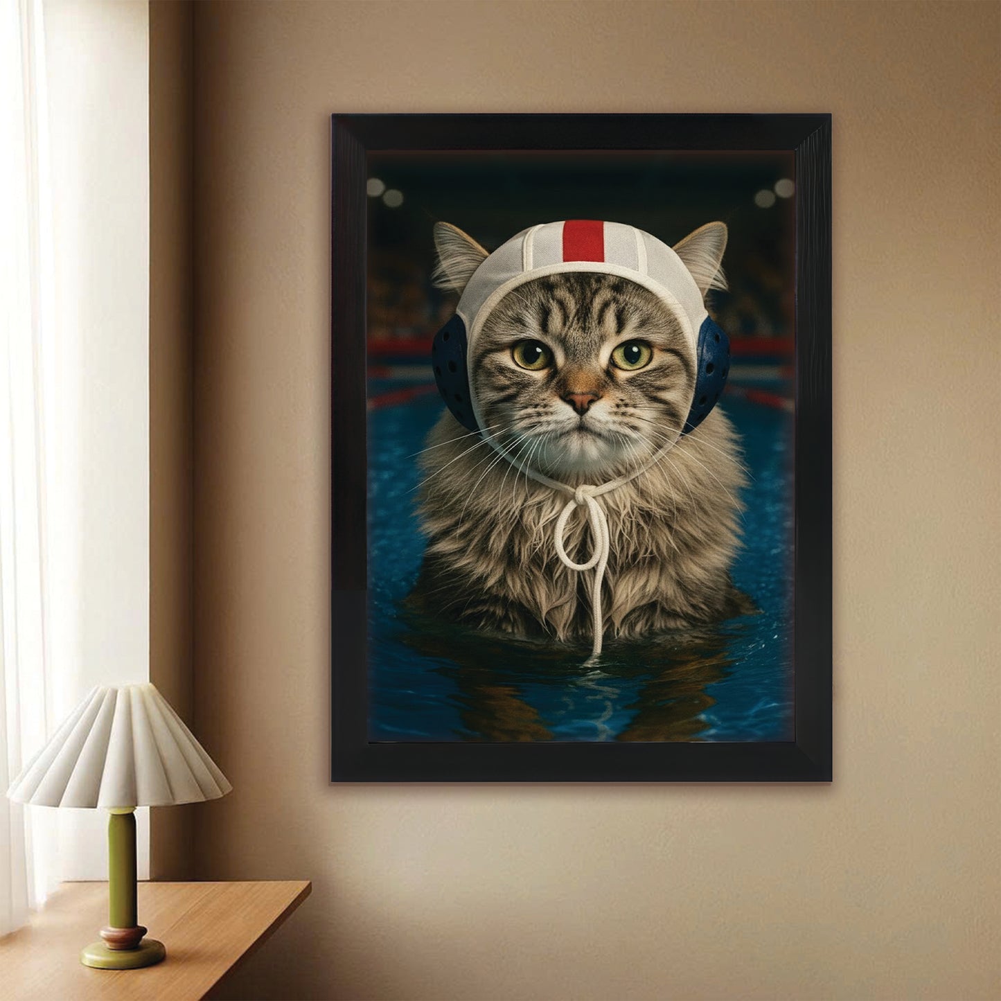 Custom Photo Swimmer Cat Canvas Framed Wall Art Gift For Cat Lovers