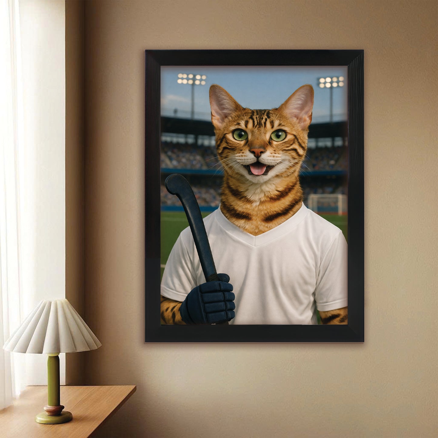 Custom Photo Field Hockey Cat Canvas Framed Wall Art  Gift For Cat Lovers