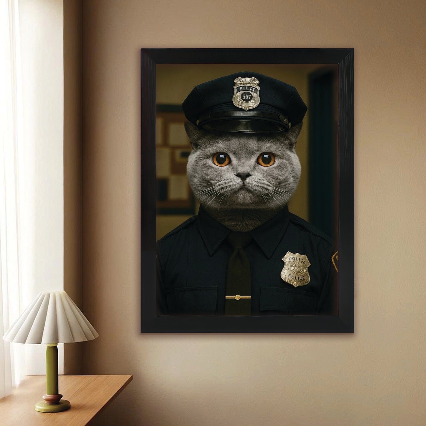 Custom Photo Police Cat Canvas Framed Wall Art  Gift For Cat Lovers