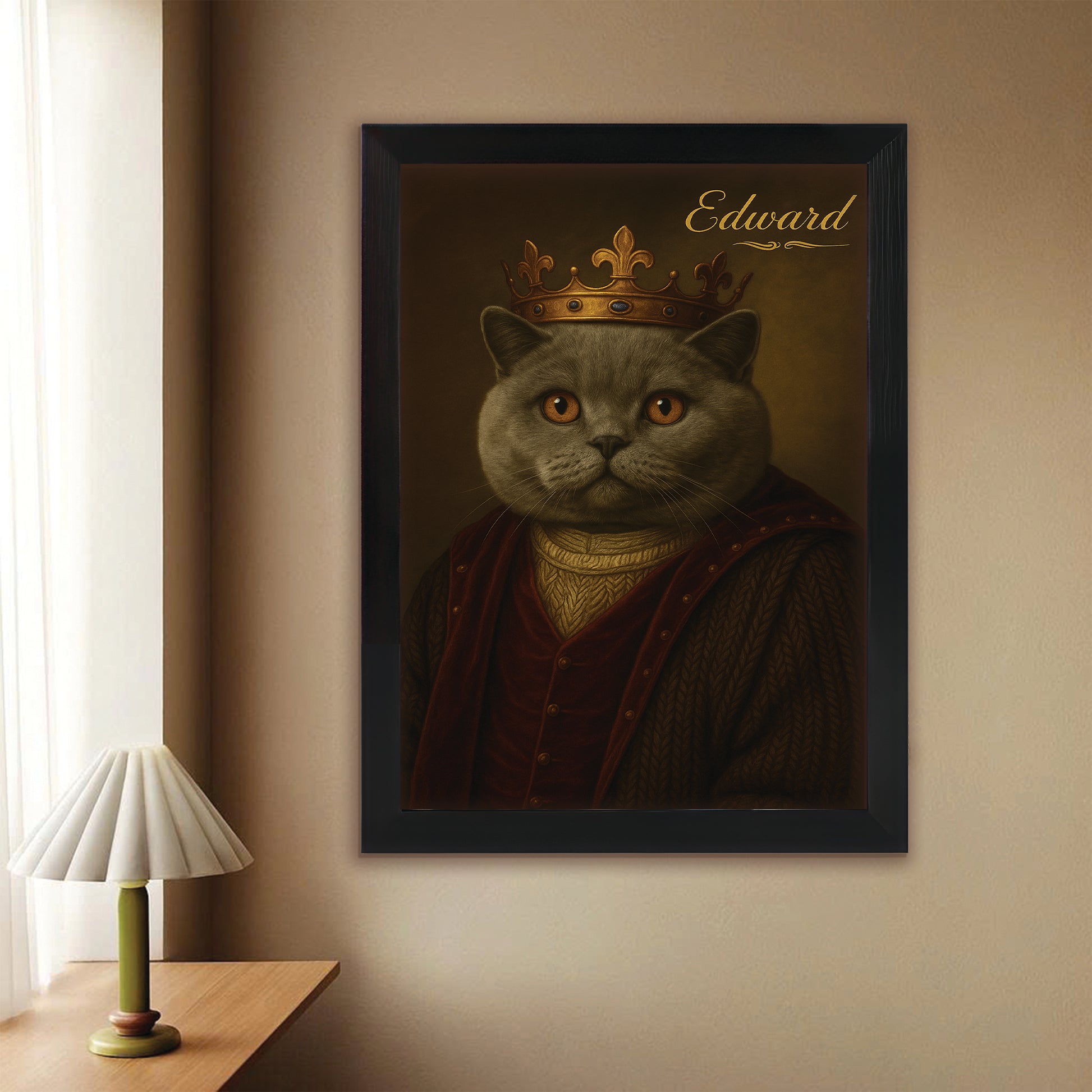 Custom Photo Crown King Cat Canvas Framed Wall Art Gift For Cat Lovers