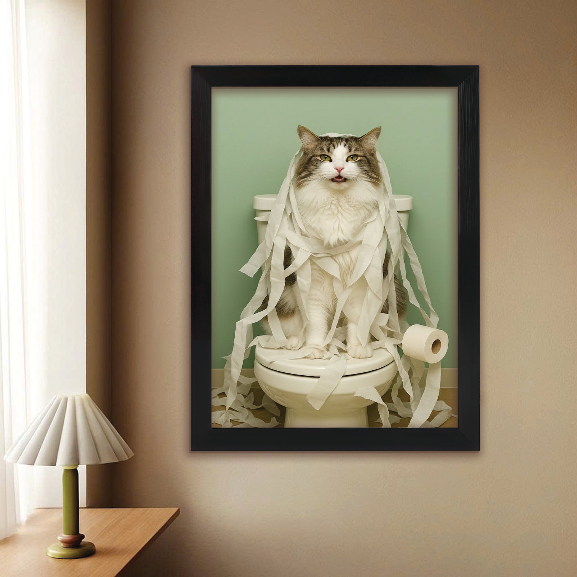 Custom Photo Cat Bathroom Style 26 Canvas Framed Wall Art Gift For Cat Lovers
