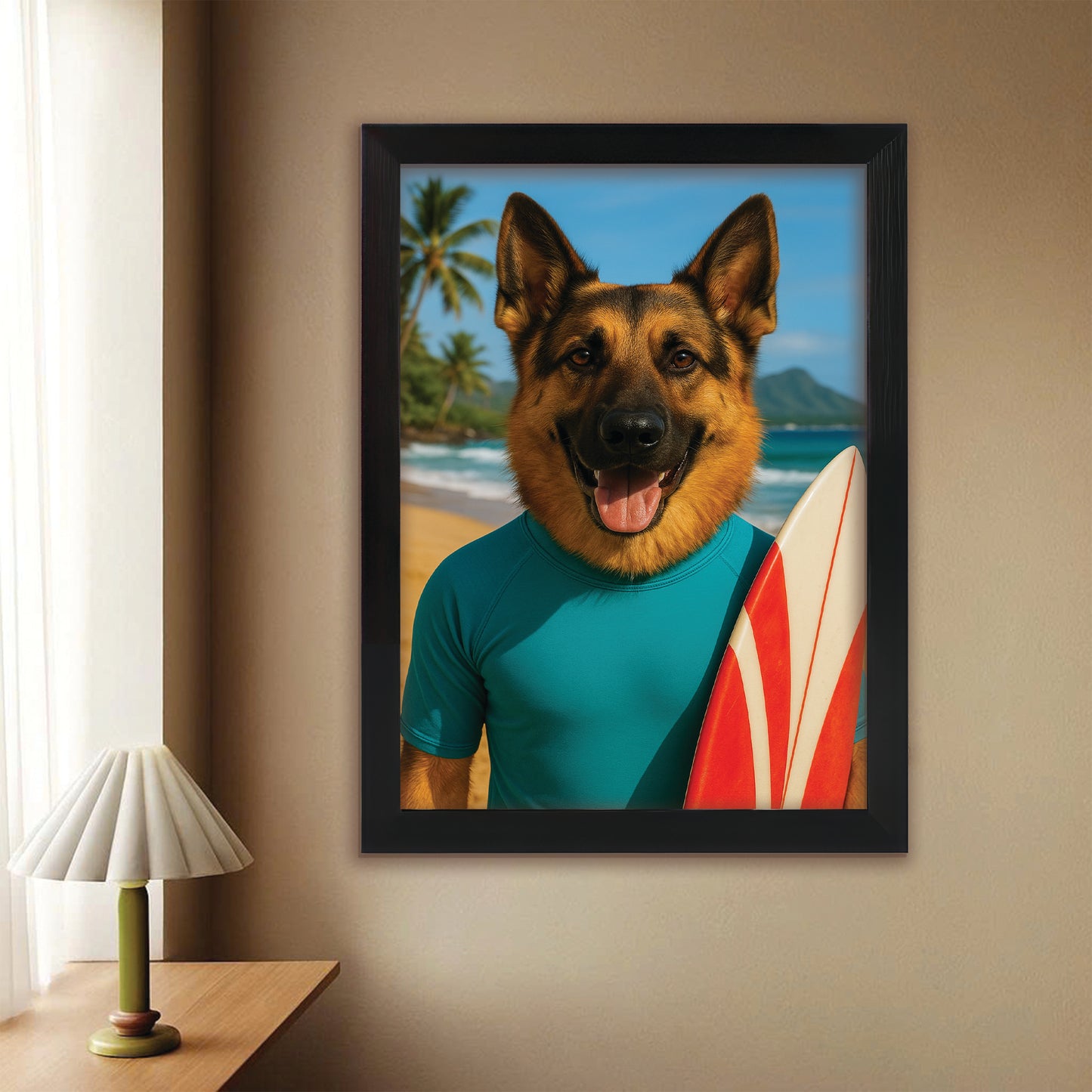 Custom Photo Surfer Beach Dog Canvas Framed Wall Art Gift For Dog Lovers