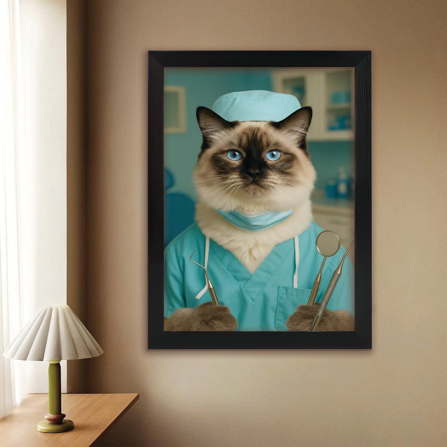 Custom Photo Dentist Cat Canvas Framed Wall Art Gift For Cat Lover