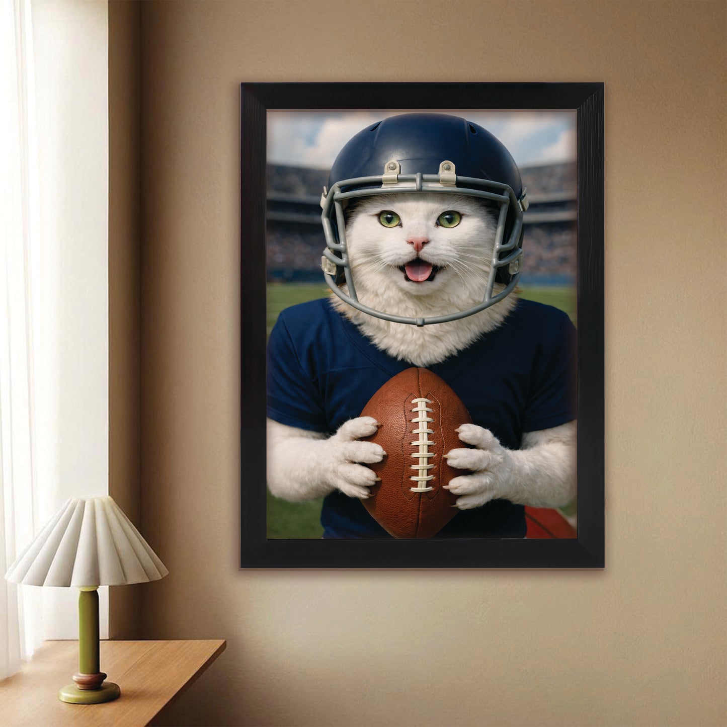 Custom Photo Footaball Cat Canvas Framed Wall Art  Gift For Cat Lovers