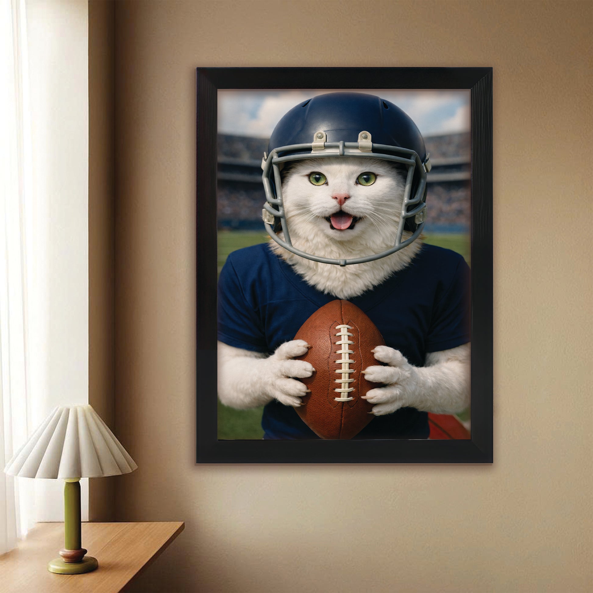 Custom Photo Footaball Cat Canvas Framed Wall Art  Gift For Cat Lovers