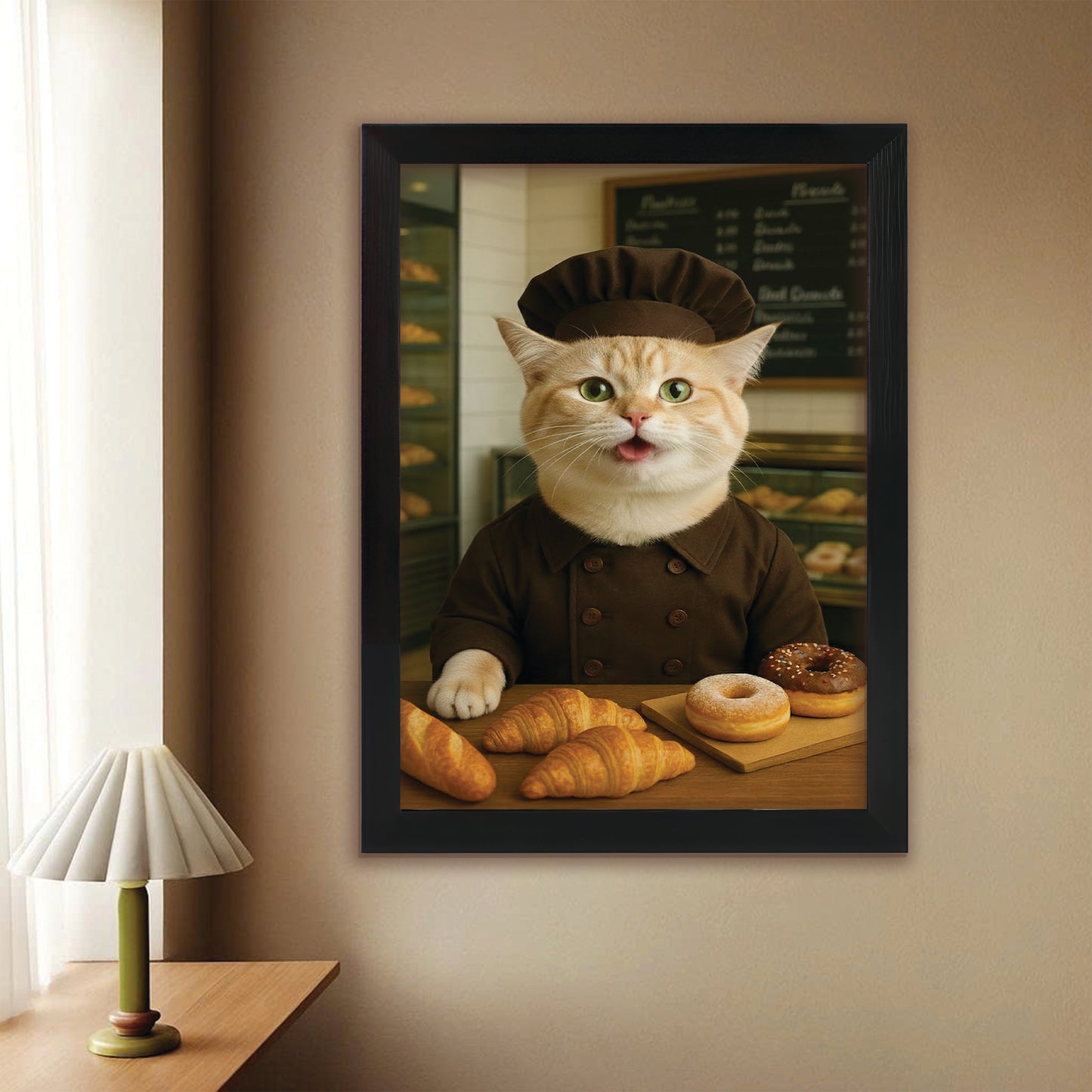 Custom Photo Baker Corgi Cat Canvas Framed Wall Art Gift For Cat Lovers