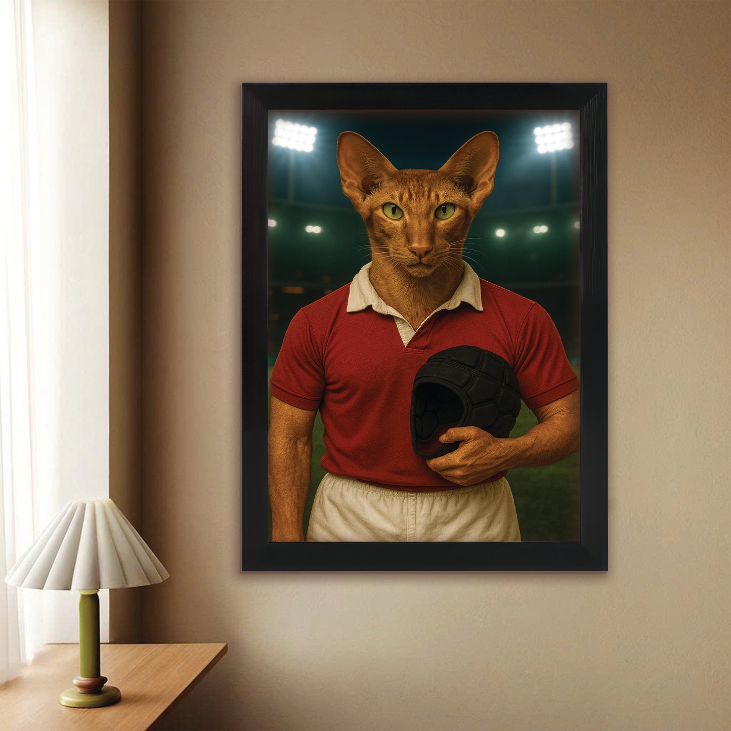 Custom Photo Rugby Player 2 Cat Canvas Framed Wall Art Gift For Cat Lovers
