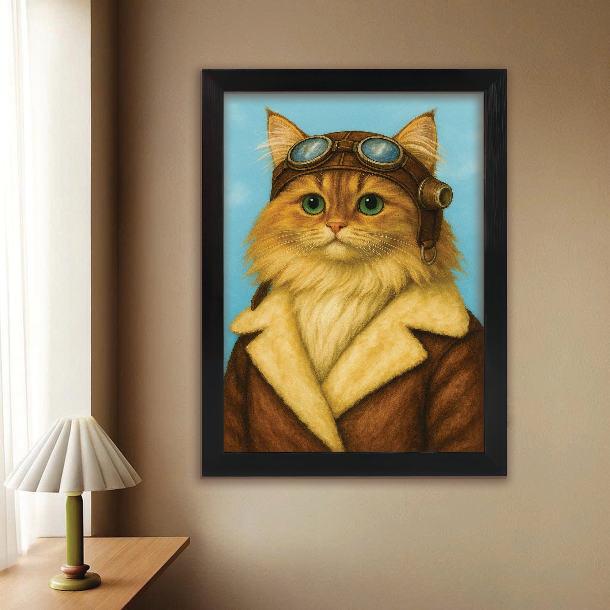 Custom Photo Portrait Pilot Canvas Framed Wall Art Gift For Cat Lovers
