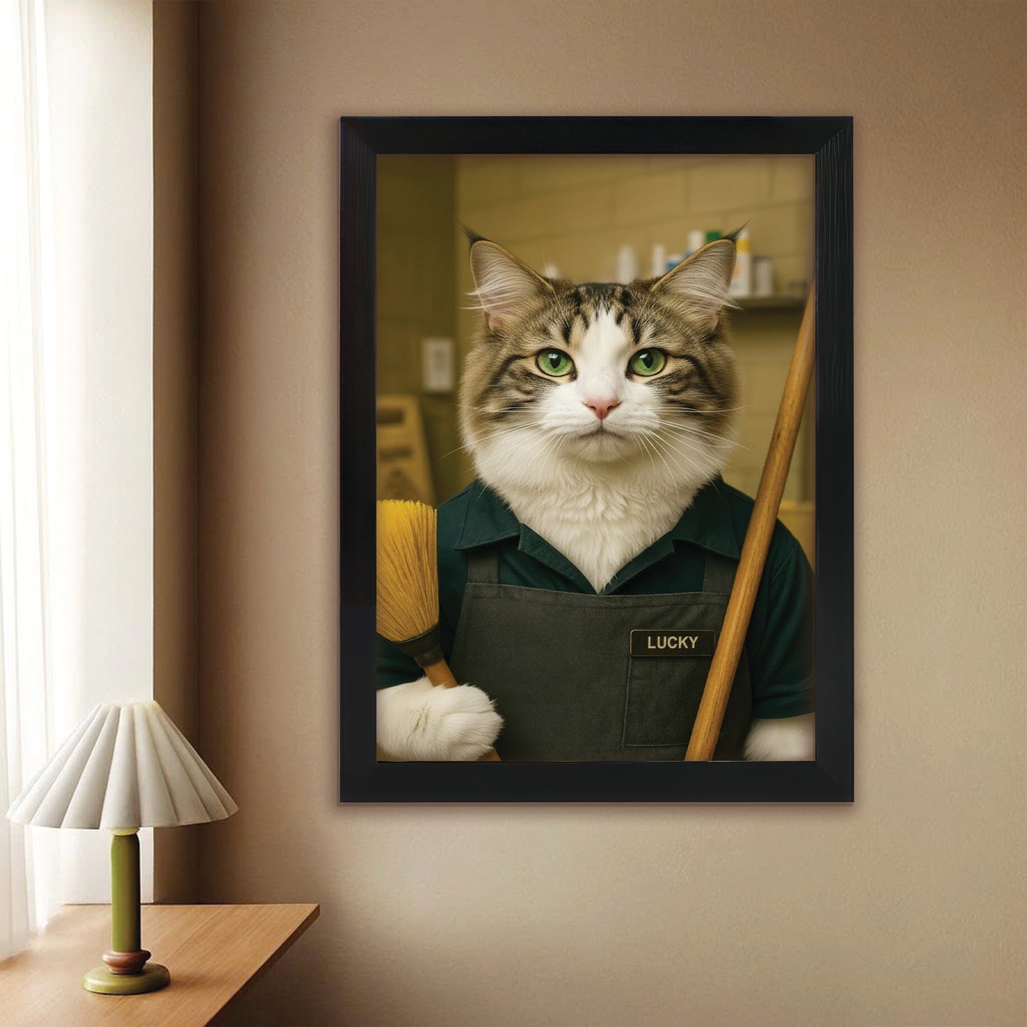 Custom Photo Janitor Cat Canvas Framed Wall Art  Gift For Cat Lovers