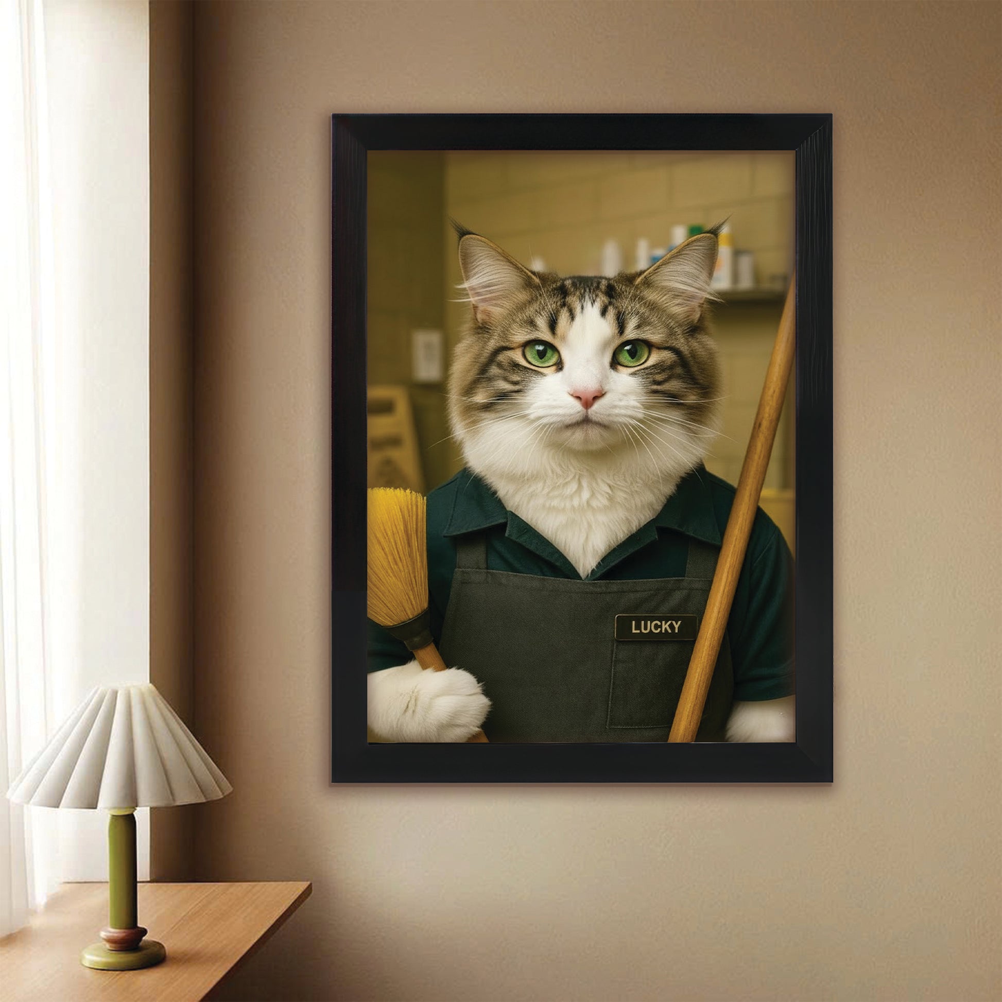 Custom Photo Janitor Cat Canvas Framed Wall Art  Gift For Cat Lovers