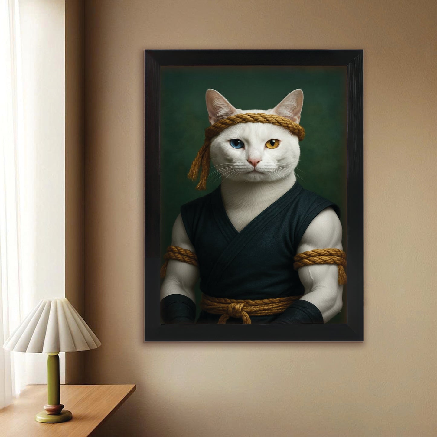Custom Photo Fighter Warrior Art Cat Canvas Framed Wall Art  Gift For Cat Lovers