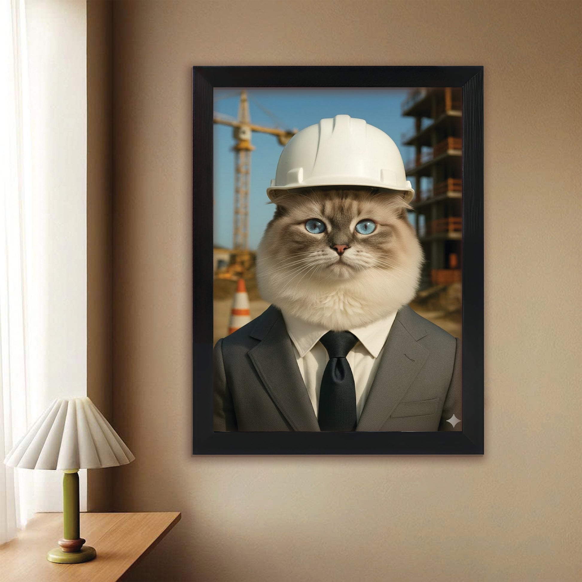 Custom Photo Engineer Construction Cat Canvas Framed Wall Art  Gift For Cat Lovers