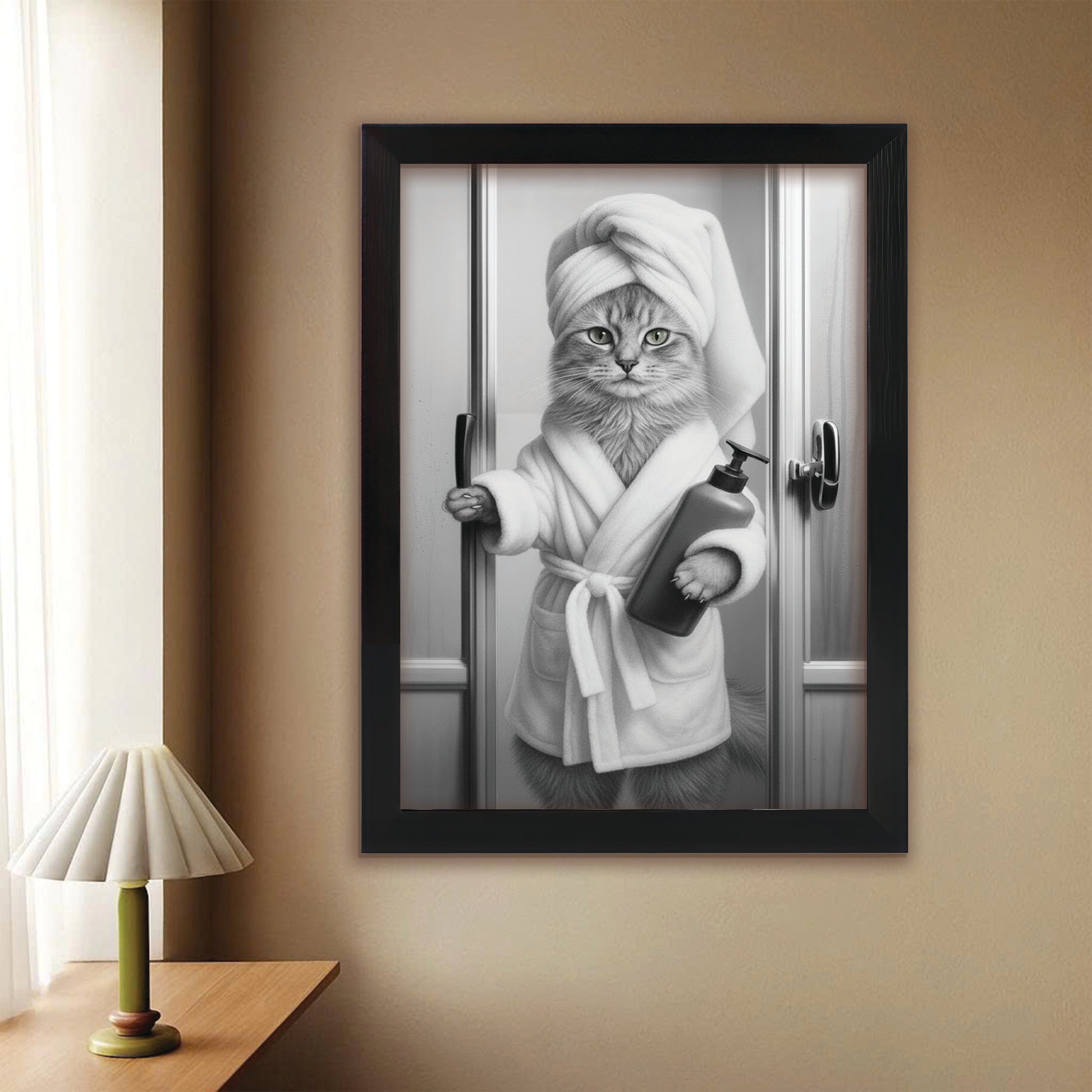 Custom Photo Cat Bathrobe Bathroom Canvas Framed Wall Art Gift For Cat Lovers