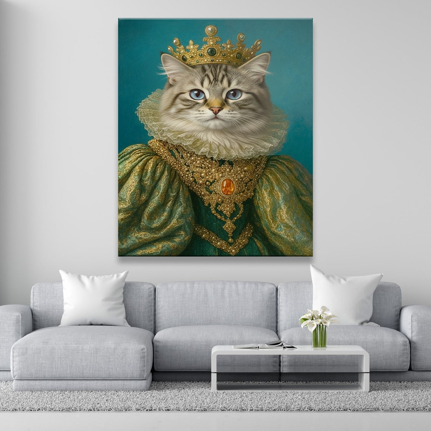 Custom Photo Potrait Royal Cat With Crown Canvas Gift For Cat Lovers