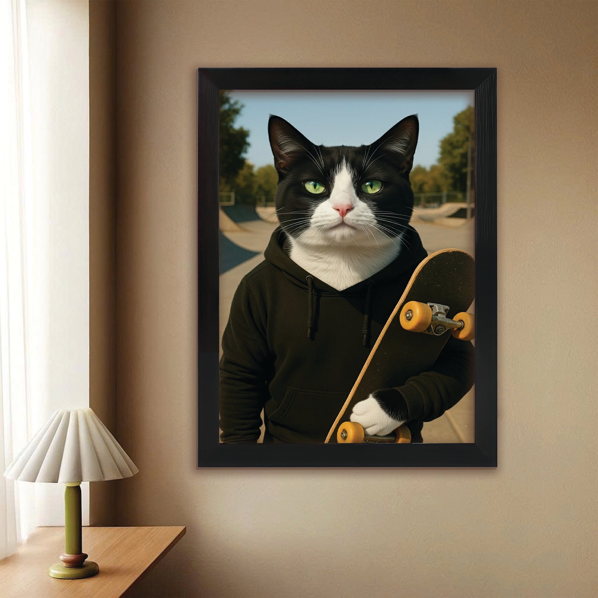 Custom Photo Skater Skateboard Canvas Framed Wall Art Gift For Cat Lovers